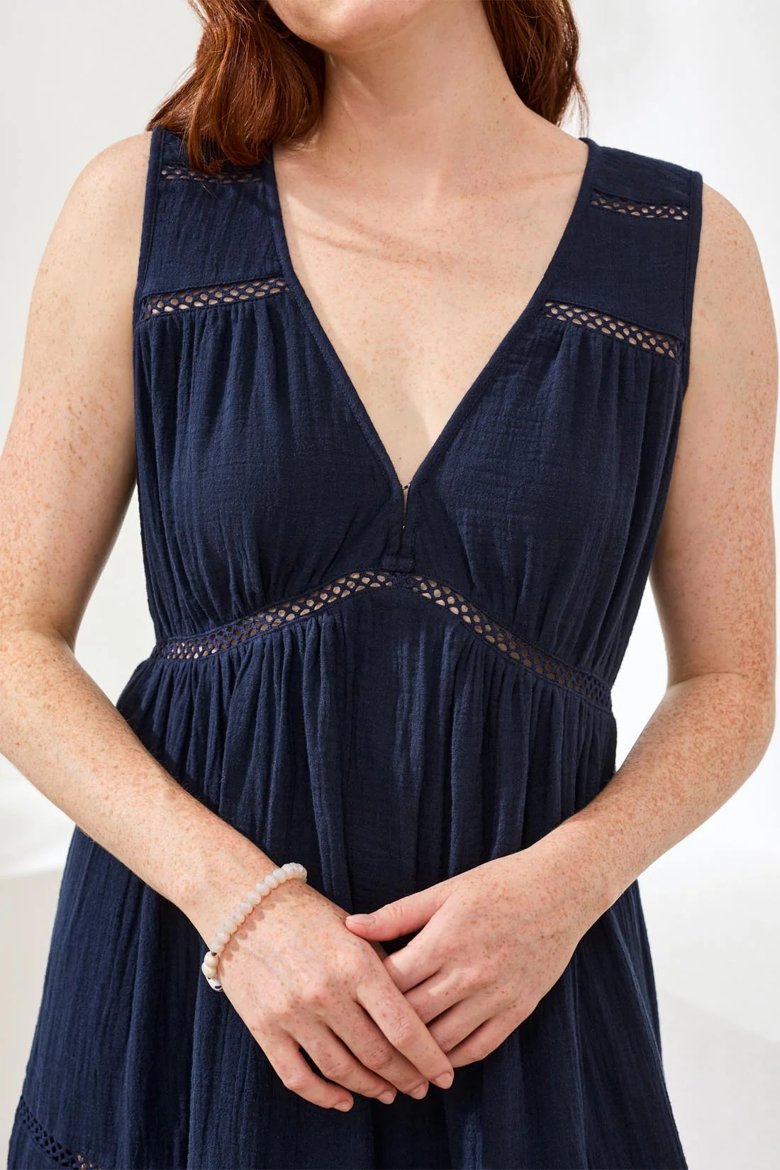 Crinkle Gauze Empire Waist Lace Inset Dress-Abyss - Image 2