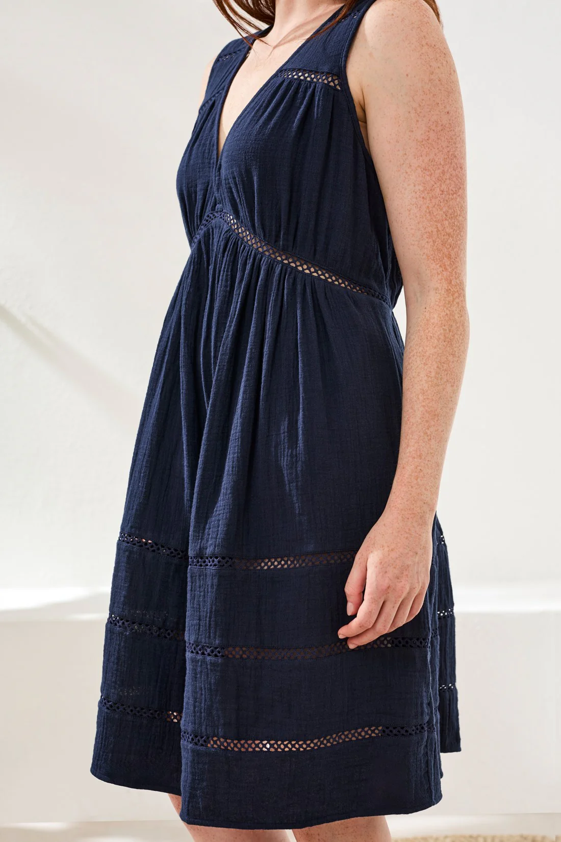 Crinkle Gauze Empire Waist Lace Inset Dress-Abyss - Image 3