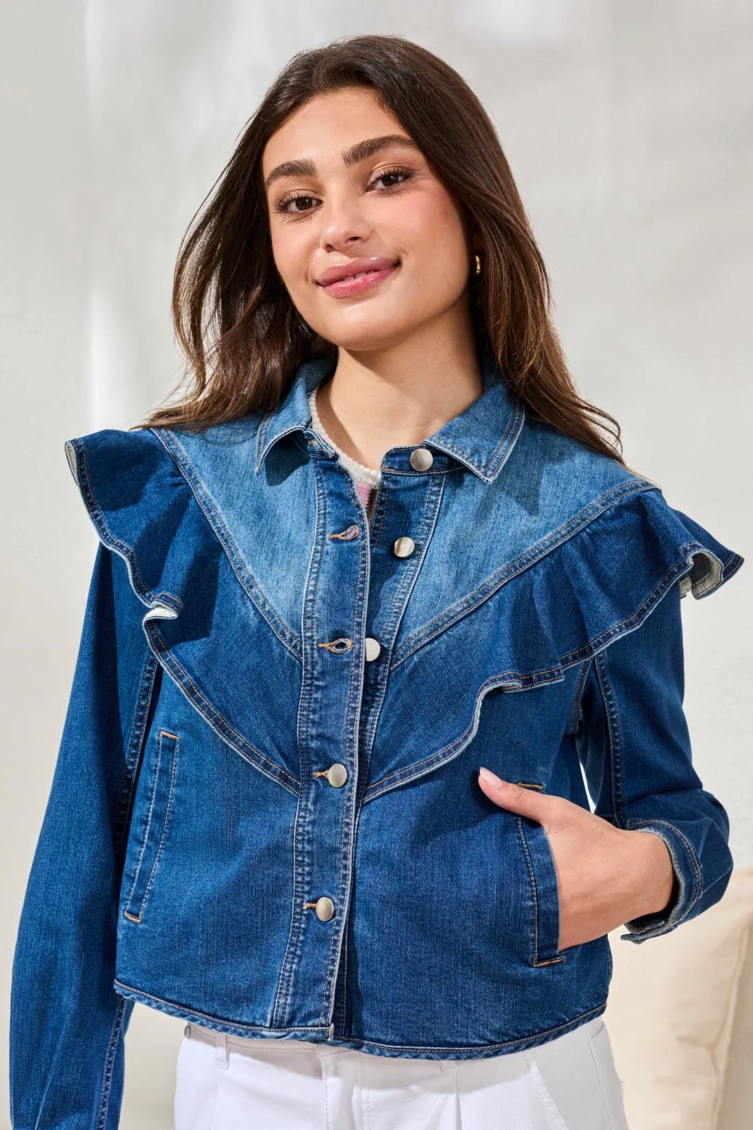 Fashion Denim Jacket With Sculpted Ruffle Detail-Dk pacific - Image 3
