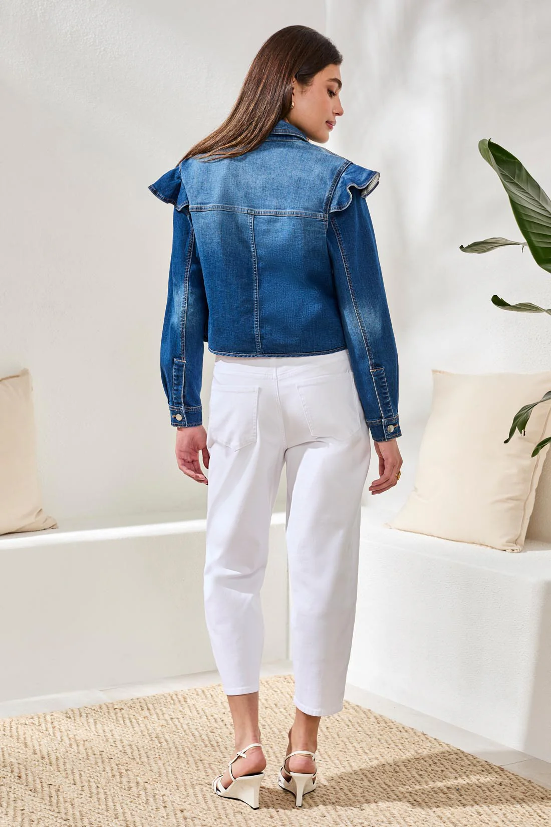Fashion Denim Jacket With Sculpted Ruffle Detail-Dk pacific - Image 4