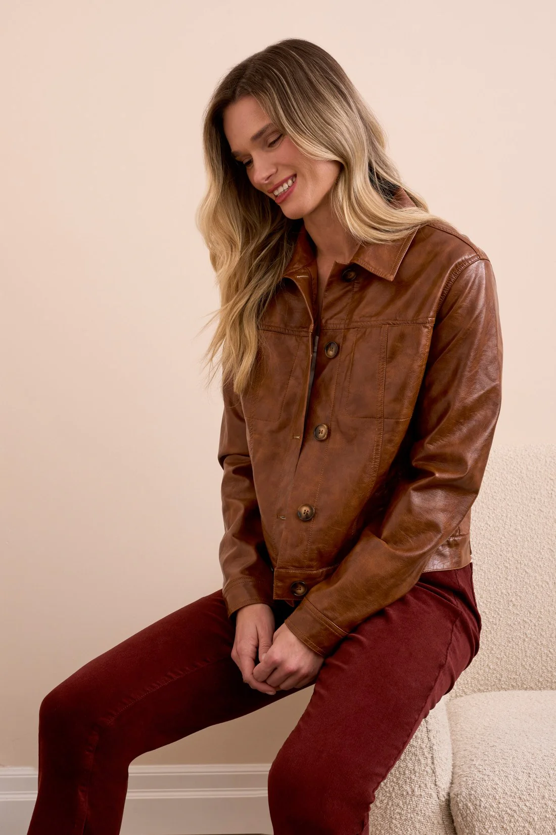 Faux Leather Button-Front Collar-Accent Jacket-Gingerspice - Image 3