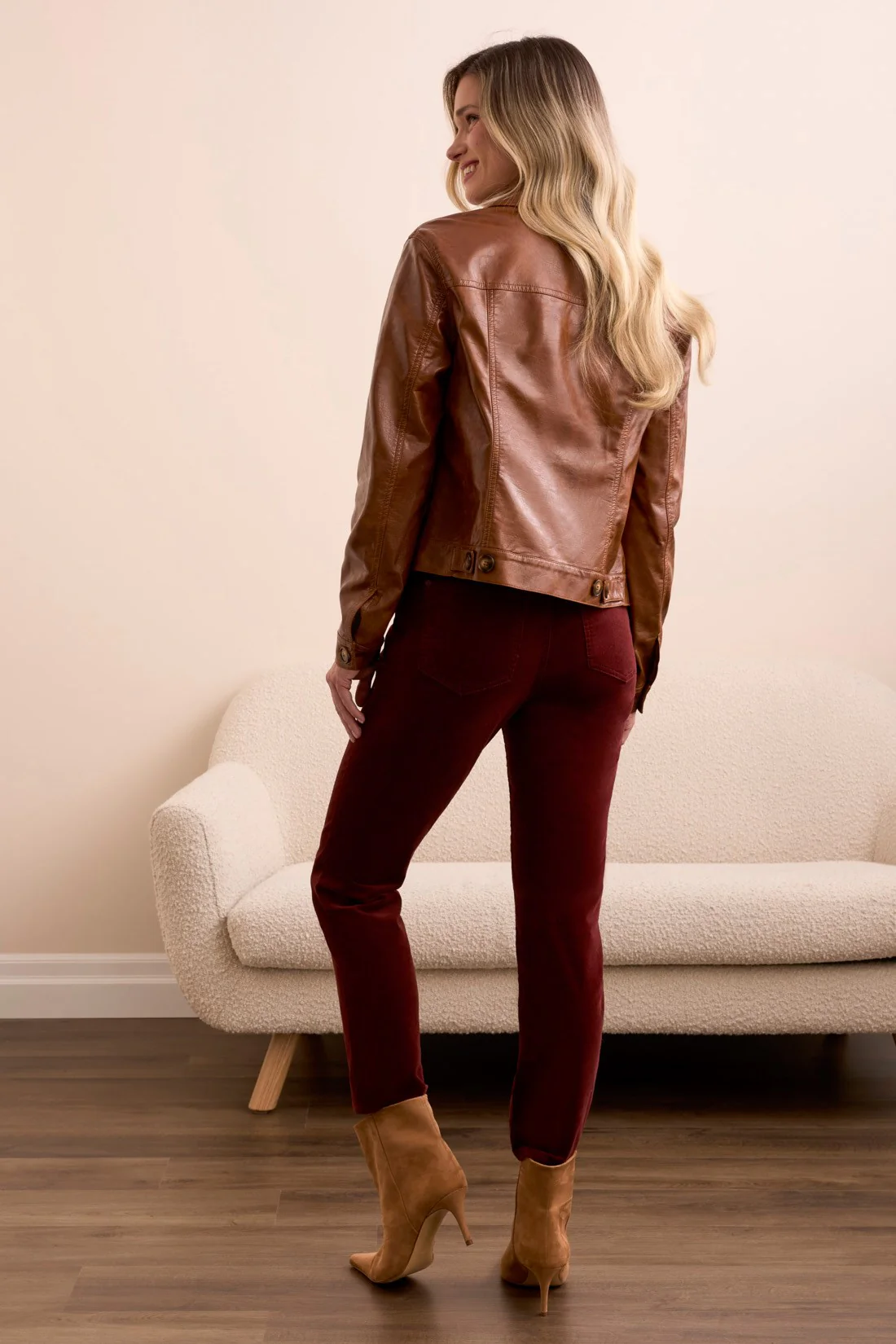 Faux Leather Button-Front Collar-Accent Jacket-Gingerspice - Image 4