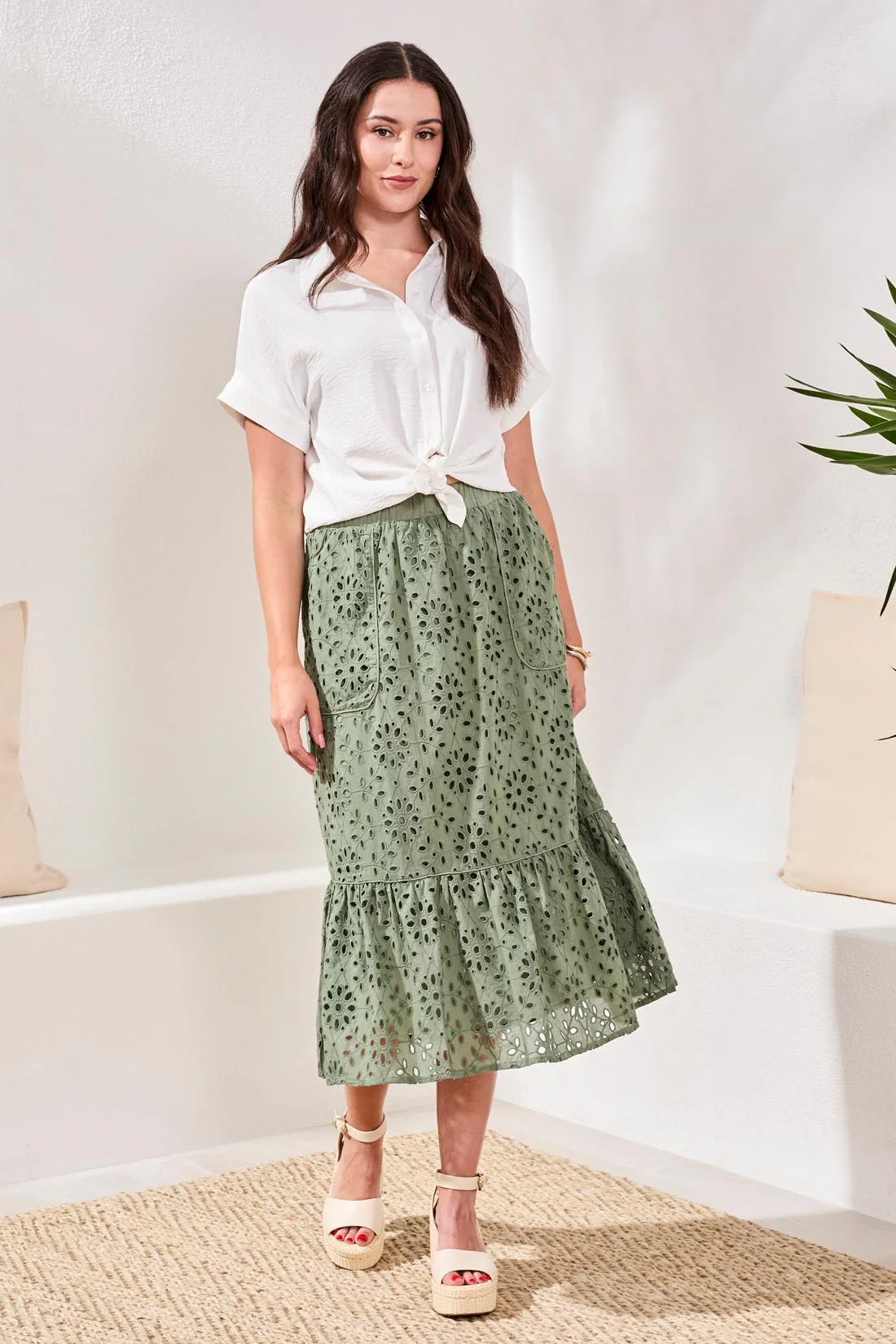 Floral Embroidered Tiered Boho Maxi Skirt -Moss - Image 3