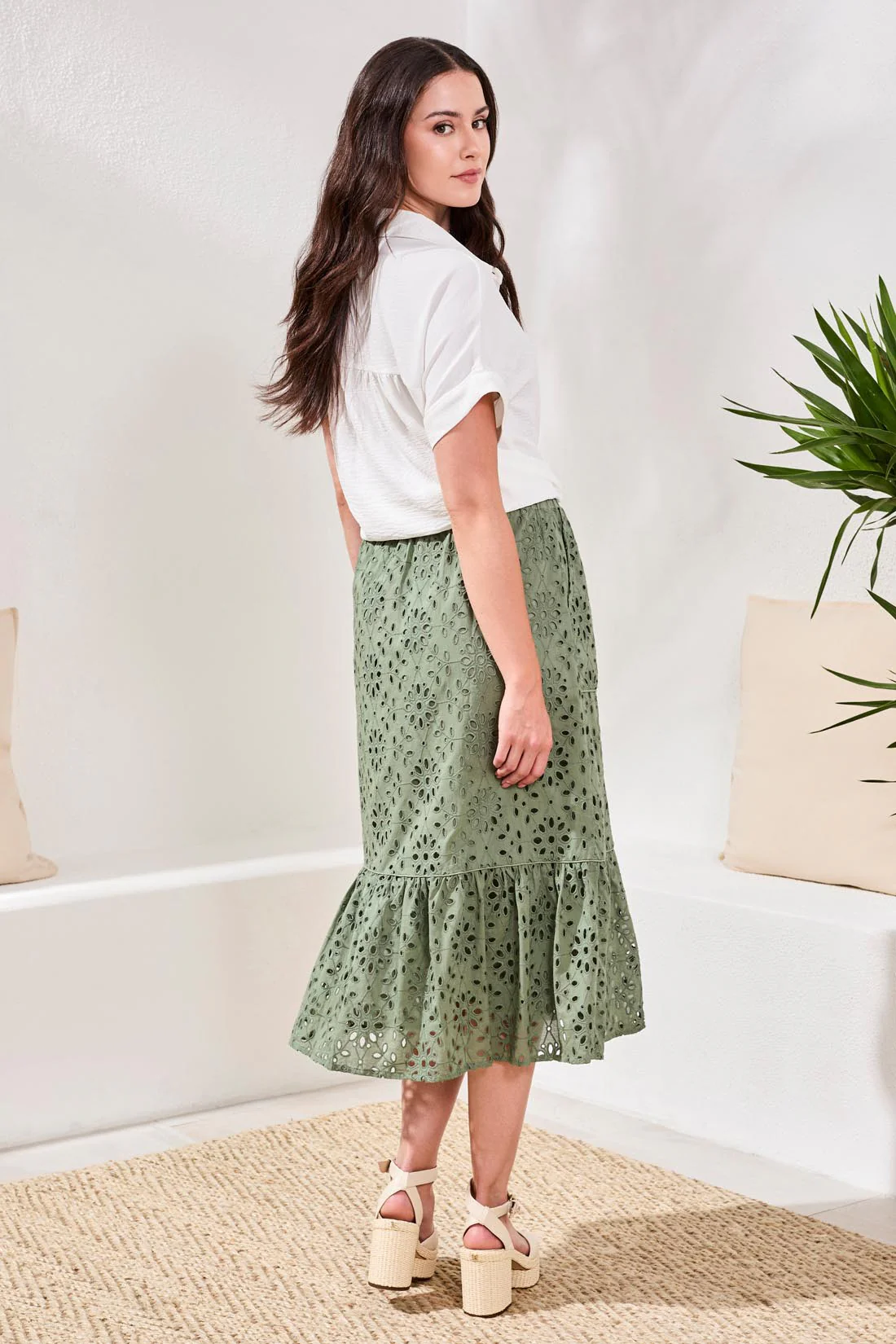 Floral Embroidered Tiered Boho Maxi Skirt -Moss - Image 4