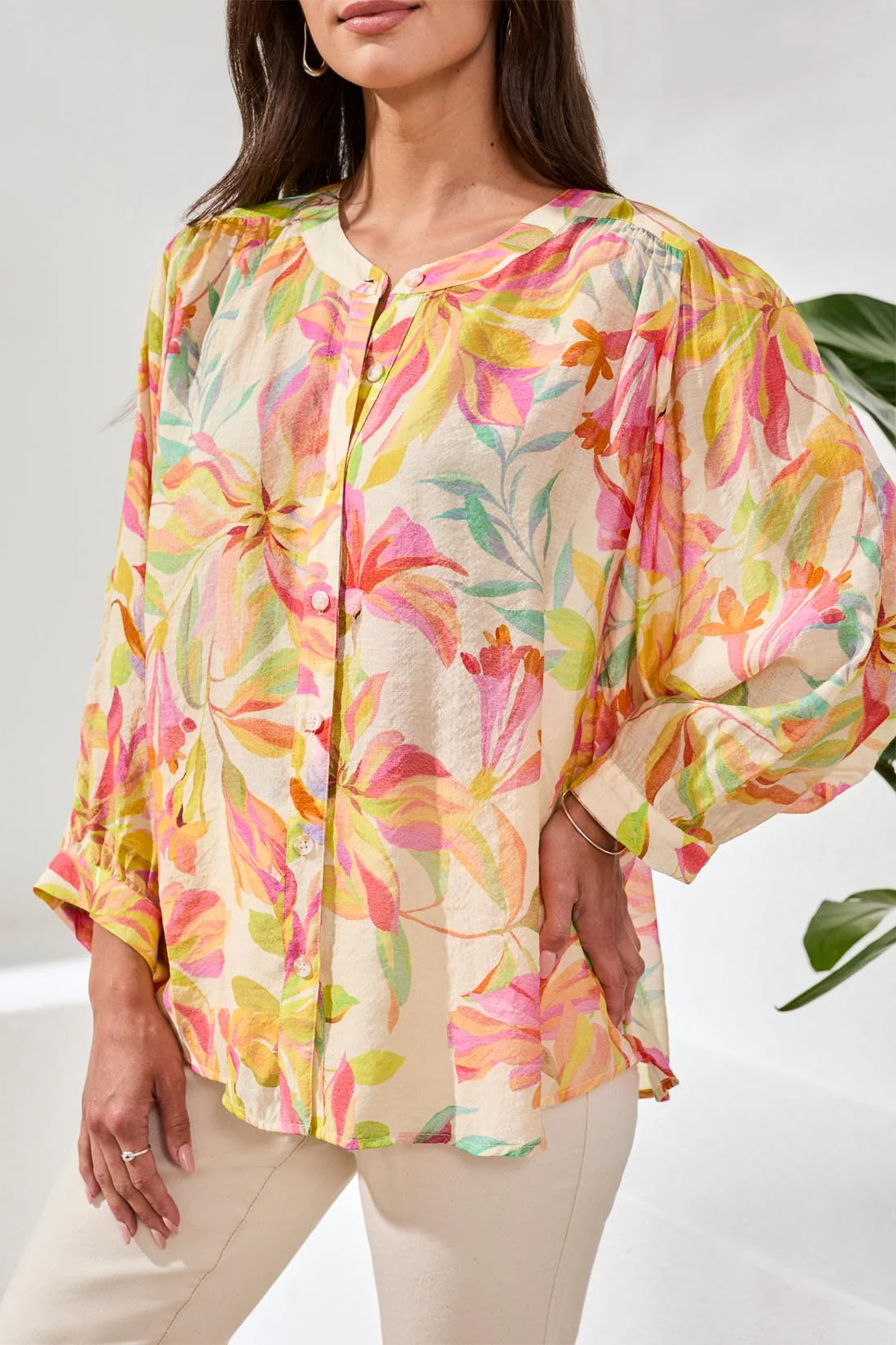 Flowy Dolman Sleeve Blouse With Self-Covering Buttons-Rosesilk - Image 3