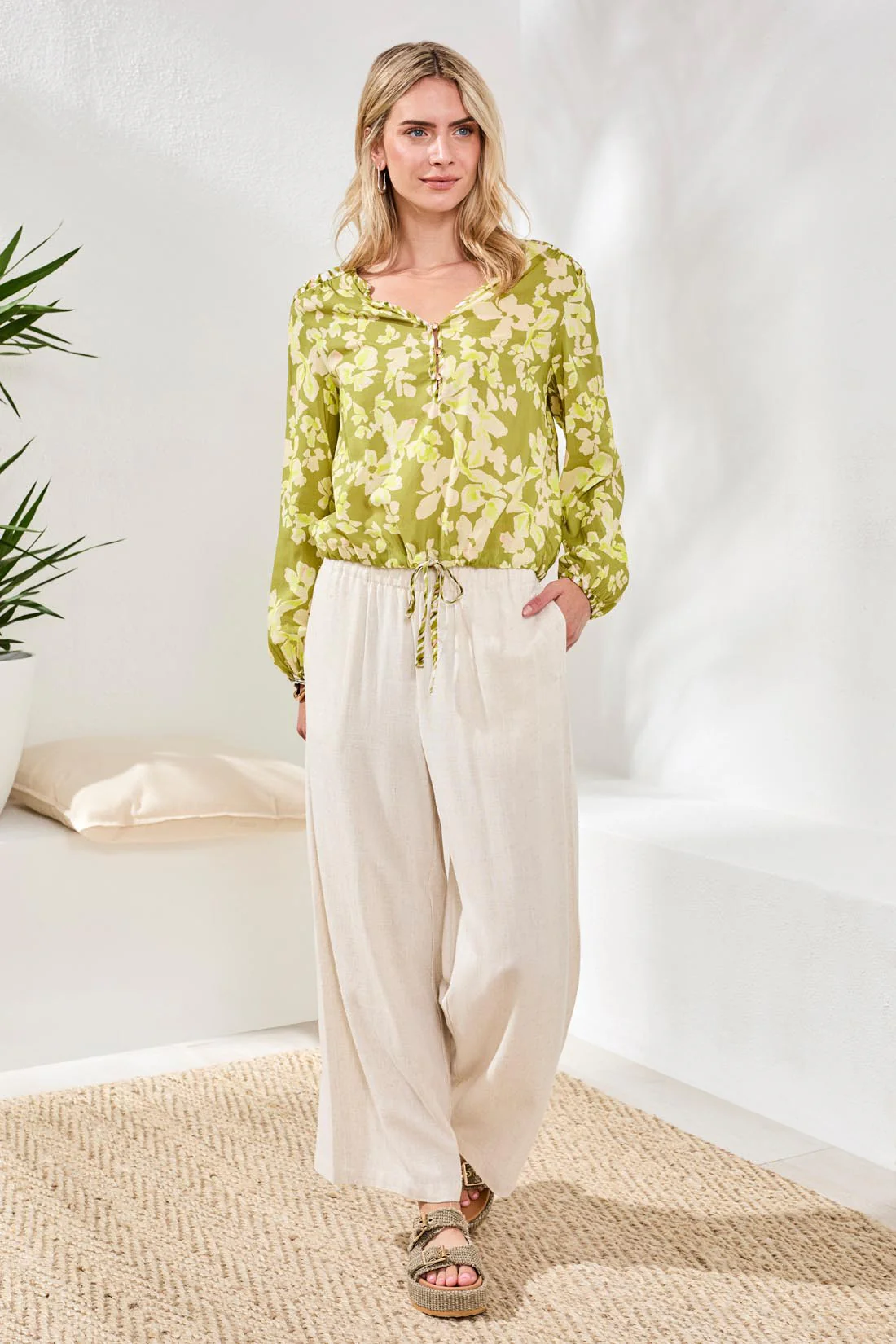 Novelty Long Sleeve Blouse With Drawstring Hem-Kiwizest - Image 2