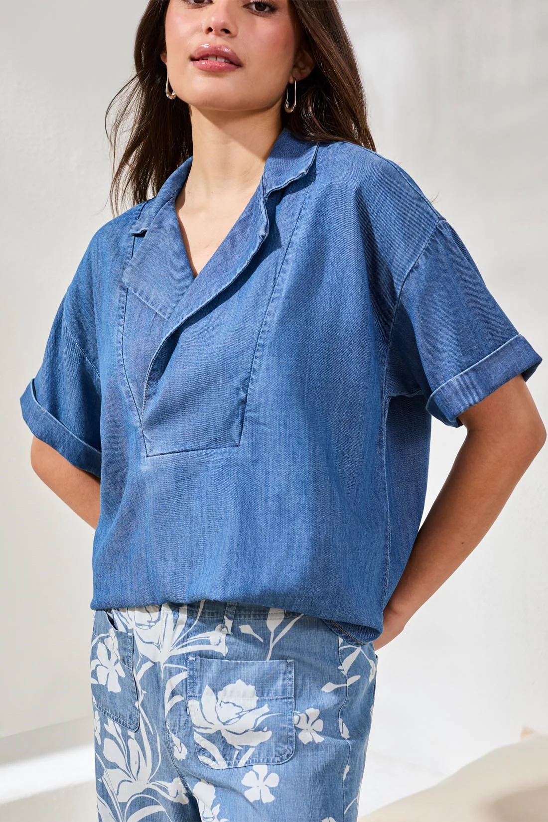 Flowy Popover Denim Shirt With Short Sleeves-Fjordblue - Image 3