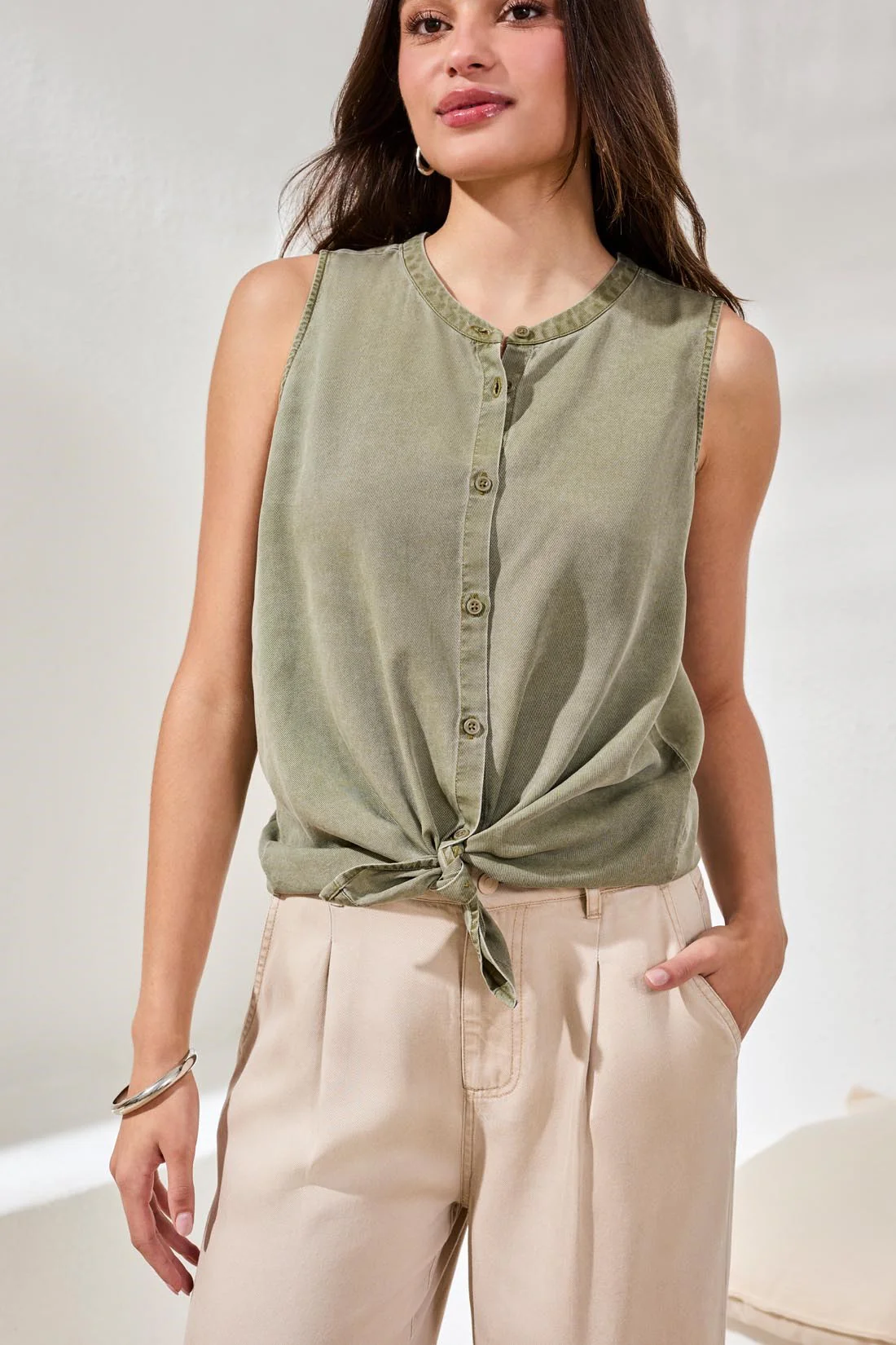 Flowy Sleeveless Blouse With Special Wash-Dk cactus clay - Image 2