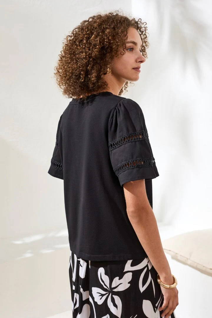 Flutter Sleeve Crew Neck Top-Black - Image 2