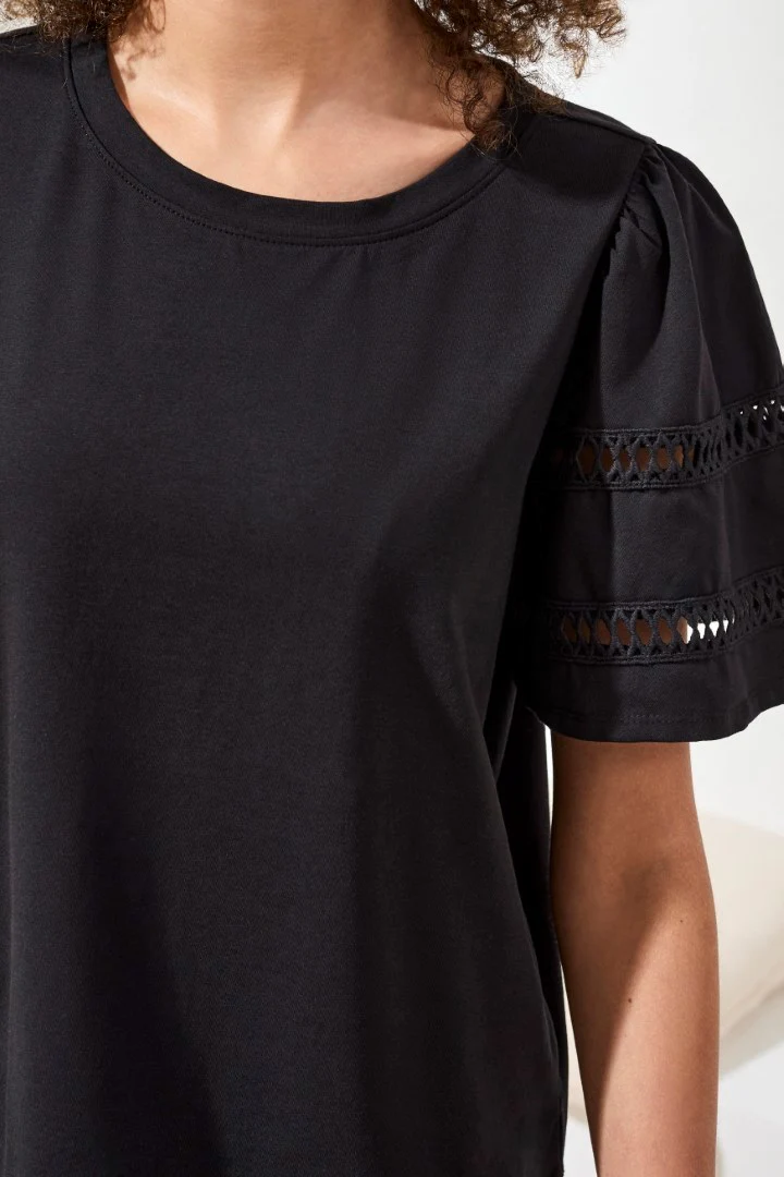 Flutter Sleeve Crew Neck Top-Black - Image 3