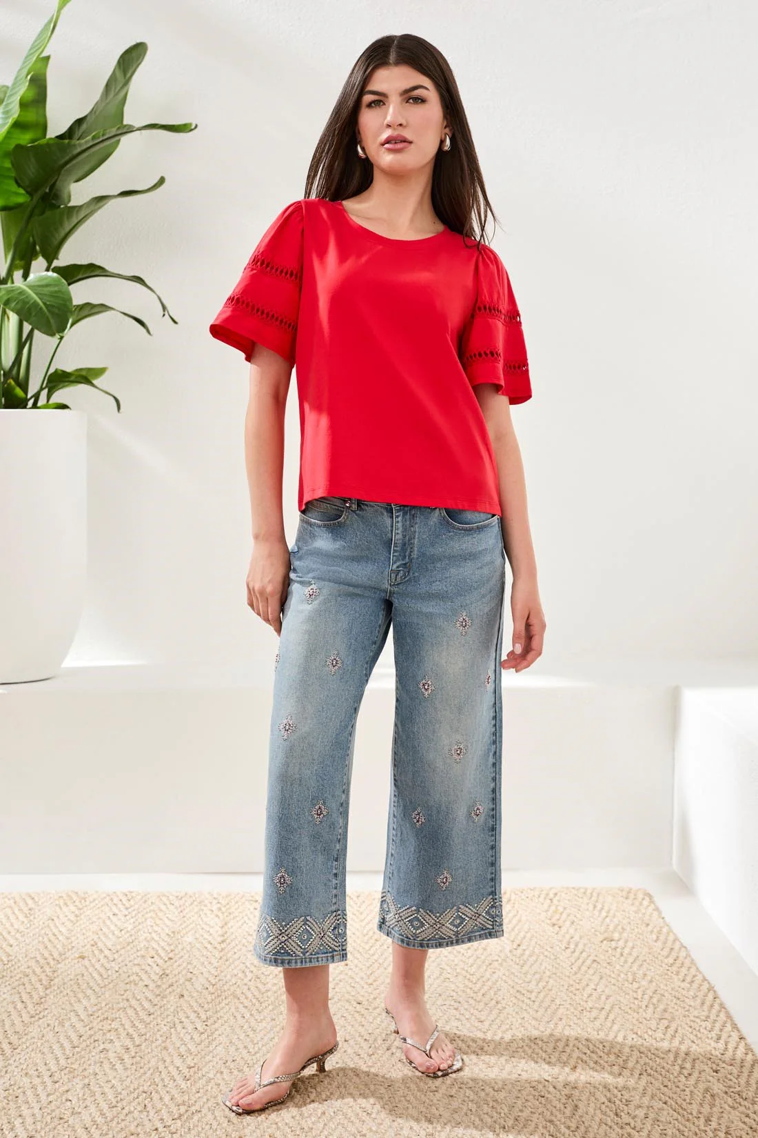 Flutter Sleeve Crew Neck Top-Sangria