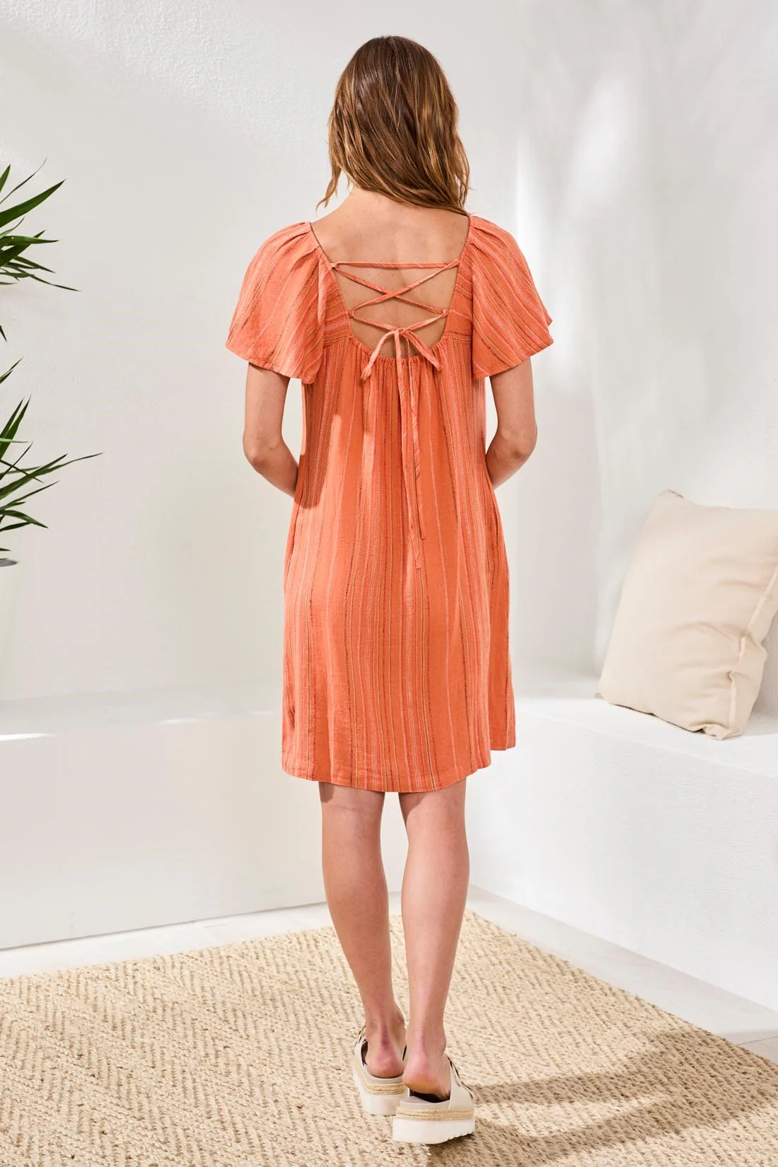 Textured Linen Lace-Up Back Flutter-Sleeve Mini Dress-Guavablush - Image 2