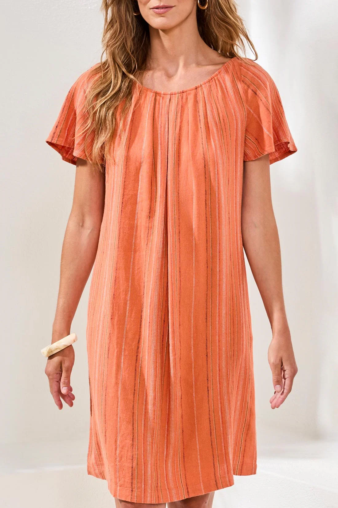 Textured Linen Lace-Up Back Flutter-Sleeve Mini Dress-Guavablush - Image 3