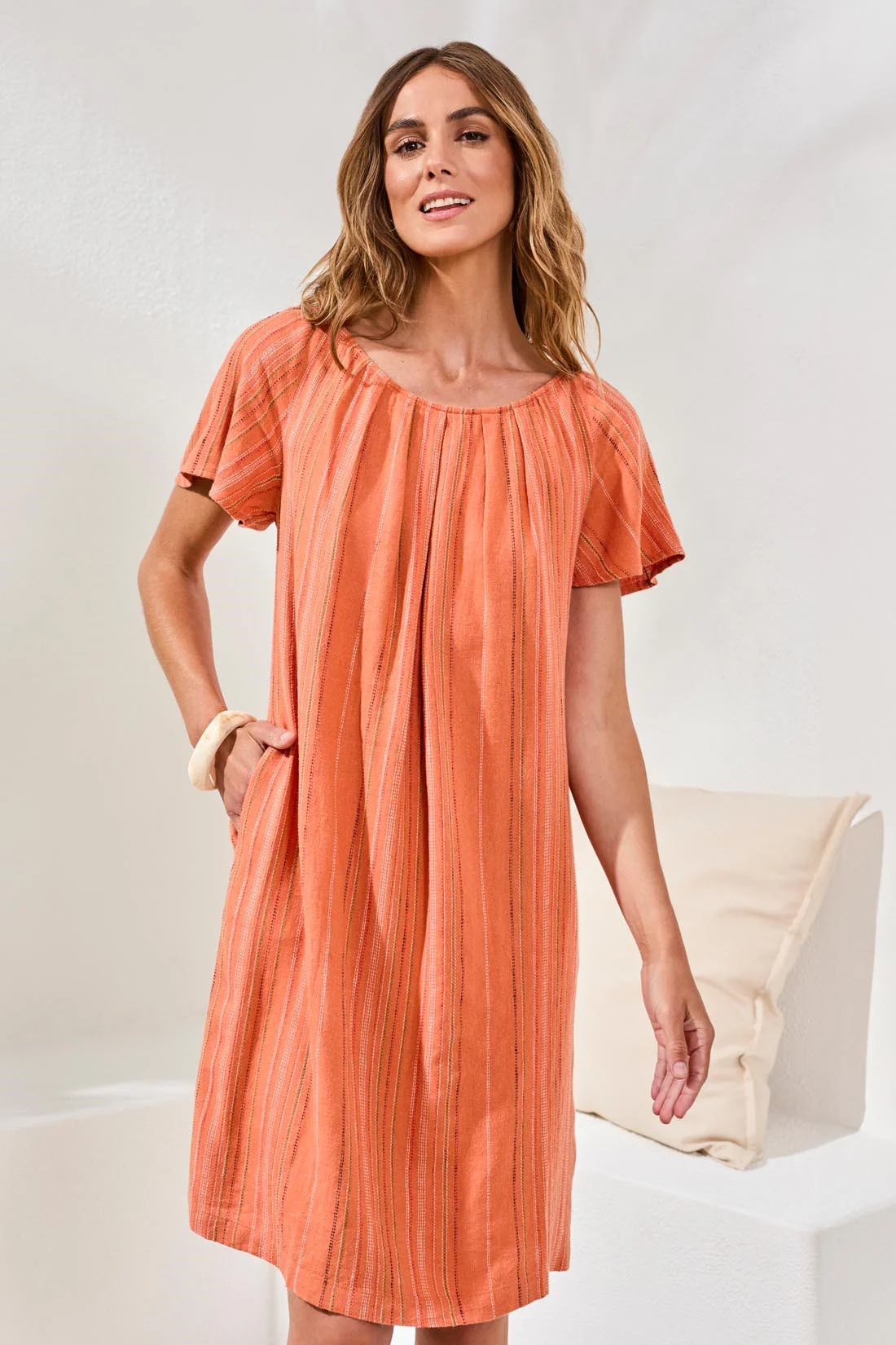 Textured Linen Lace-Up Back Flutter-Sleeve Mini Dress-Guavablush - Image 4