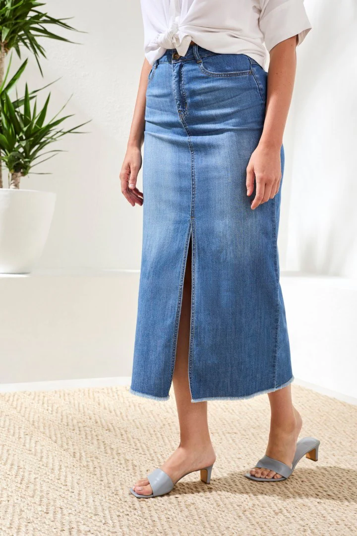 Full Length Front Slit-Denim Skirt-Fjordblue - Image 3