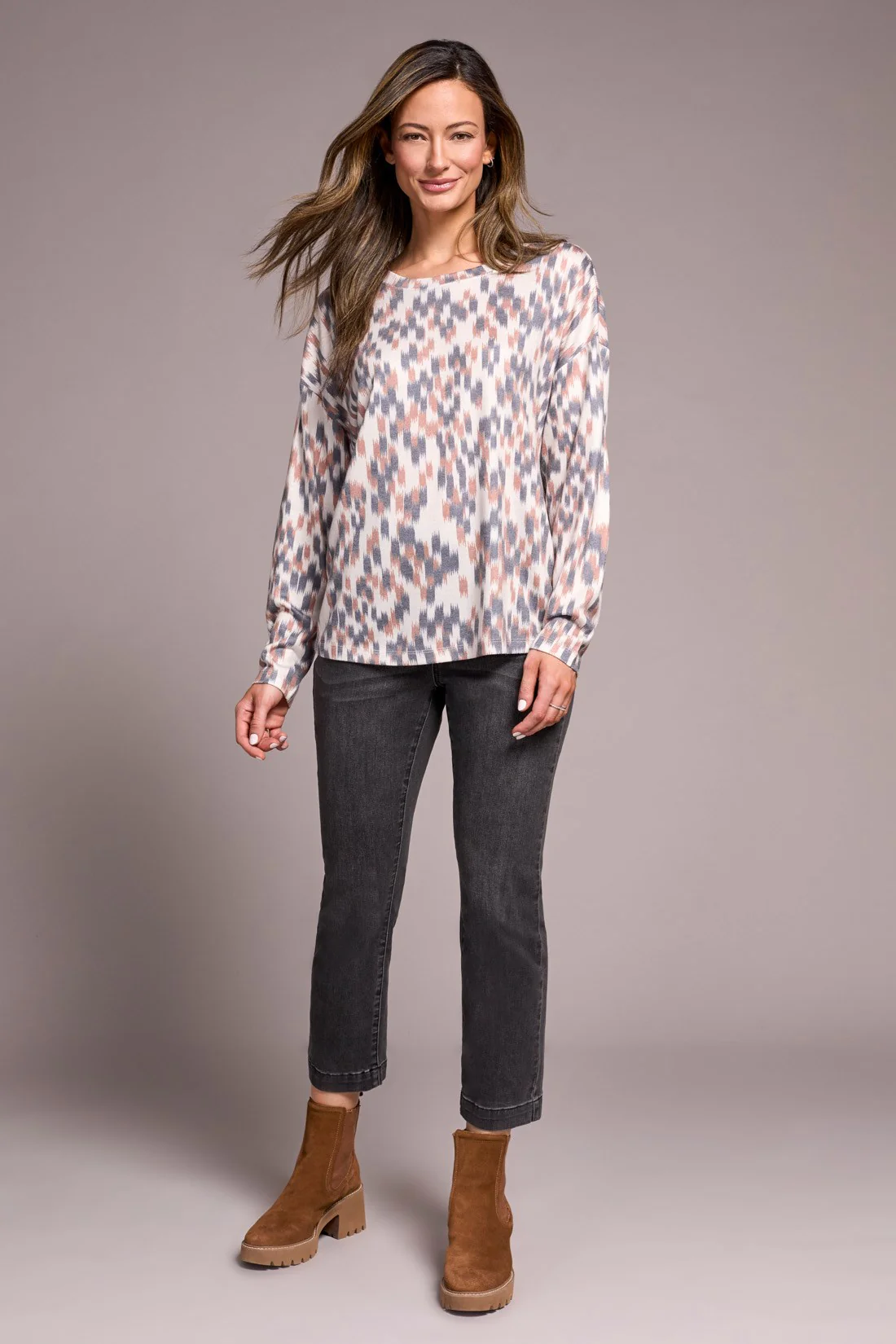 Fuzzy Soft Crew Neck Combo Print Knit Top-Almondlatte