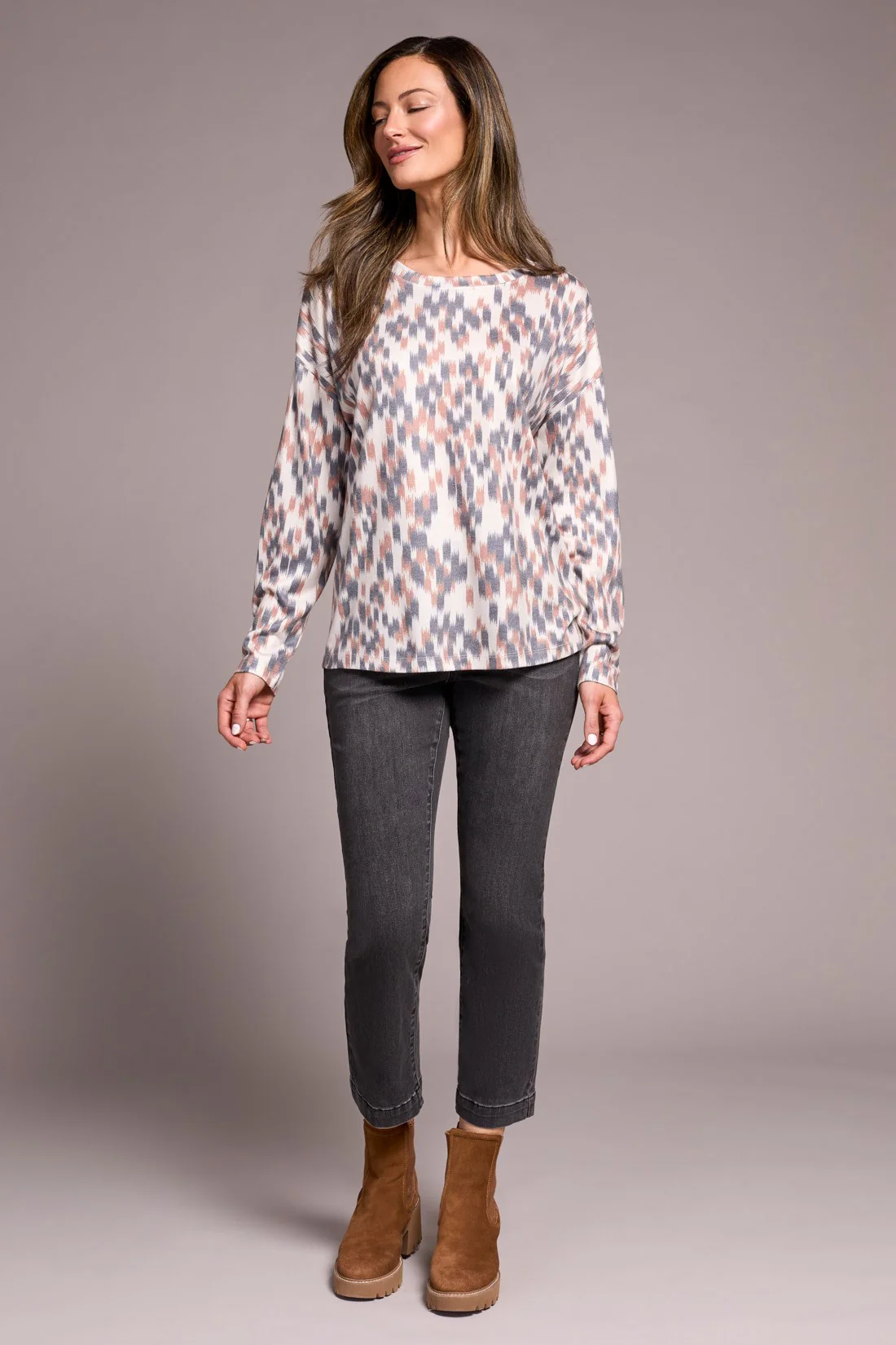 Fuzzy Soft Crew Neck Combo Print Knit Top-Almondlatte - Image 2