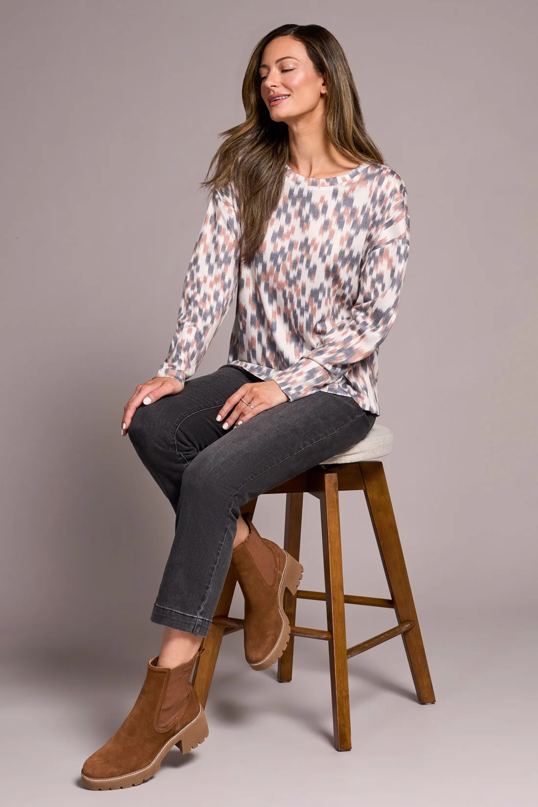 Fuzzy Soft Crew Neck Combo Print Knit Top-Almondlatte - Image 3