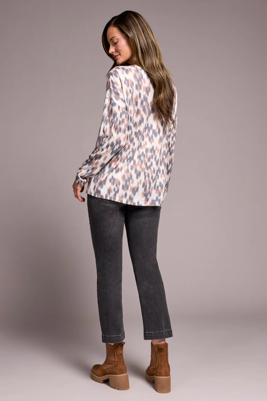 Fuzzy Soft Crew Neck Combo Print Knit Top-Almondlatte - Image 4