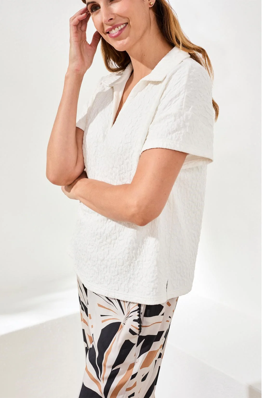 Textured Johnny Collar Short Sleeve Top-White - Image 2