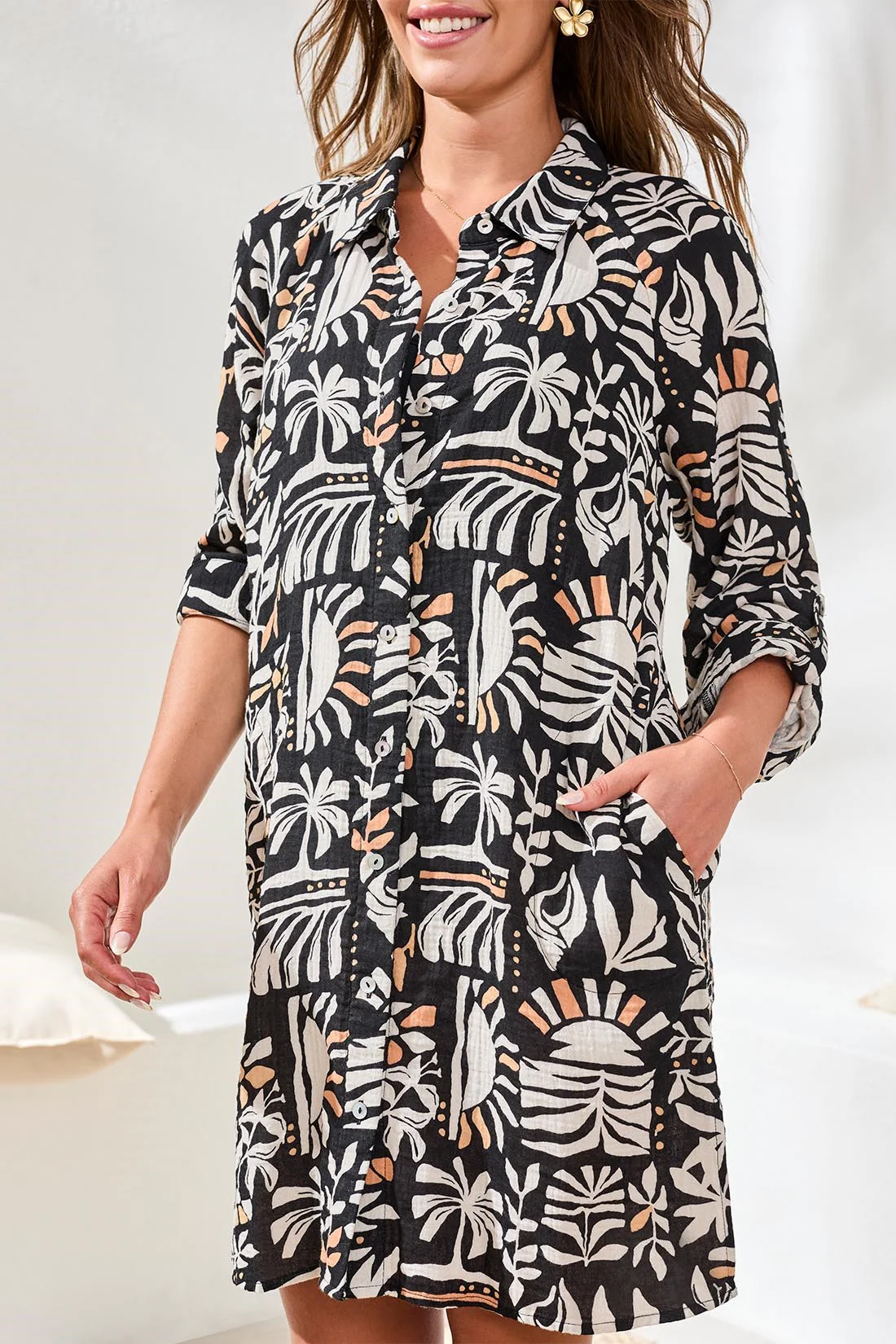 Cotton Gauze Button-Front Cover-Up With Roll-Up Sleeves-Beach - Image 3