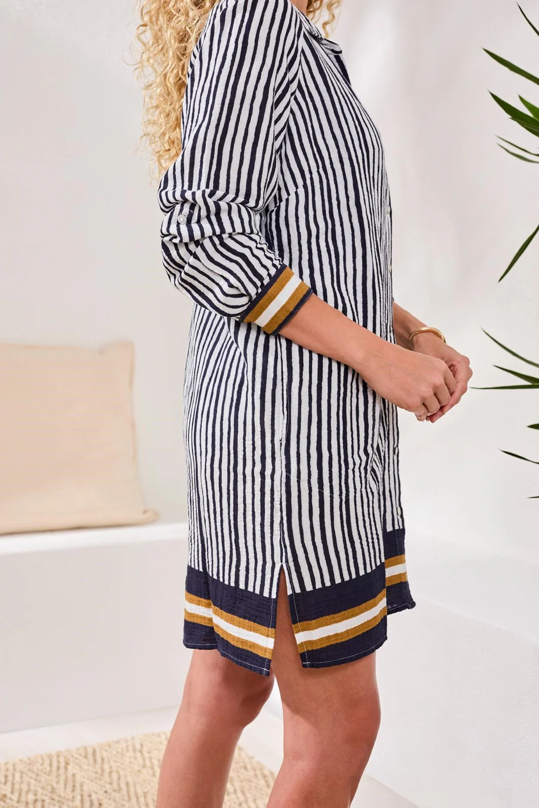 Cotton Gauze Button-Front Cover-Up With Roll-Up Sleeves-Dk abyss - Image 3