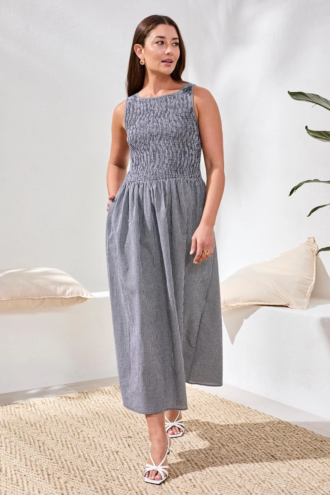 Gingham Smocked-Bodice Maxi Dress-Black - Image 3
