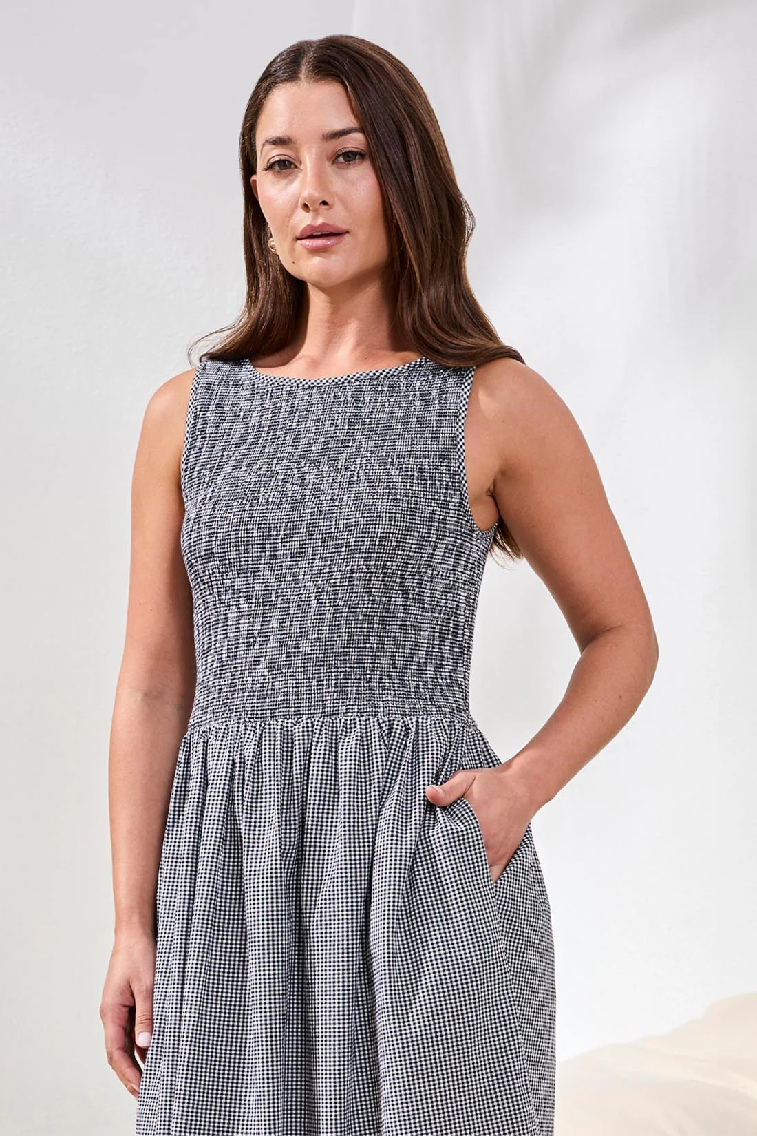Gingham Smocked-Bodice Maxi Dress-Black - Image 4
