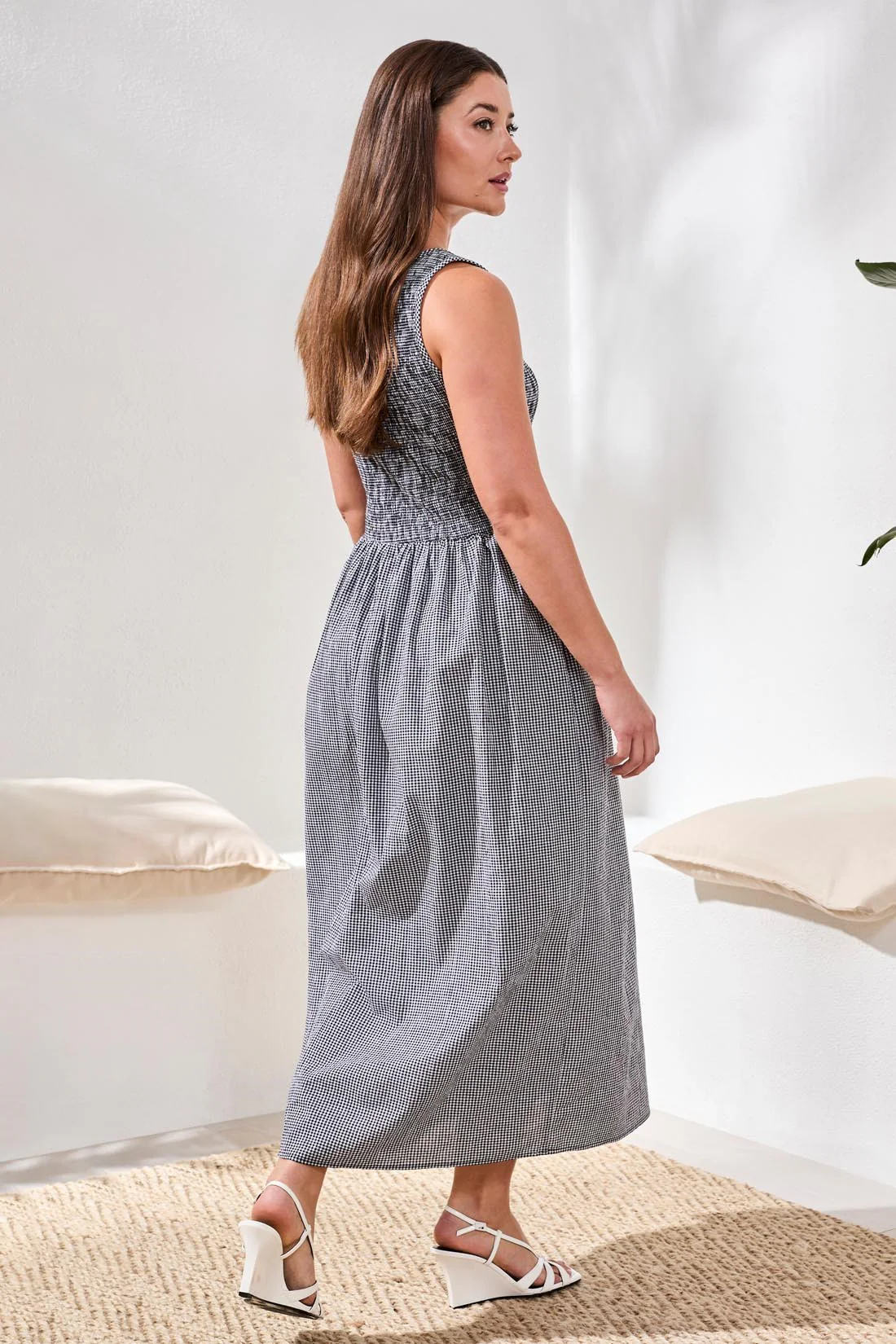 Gingham Smocked-Bodice Maxi Dress-Black - Image 5