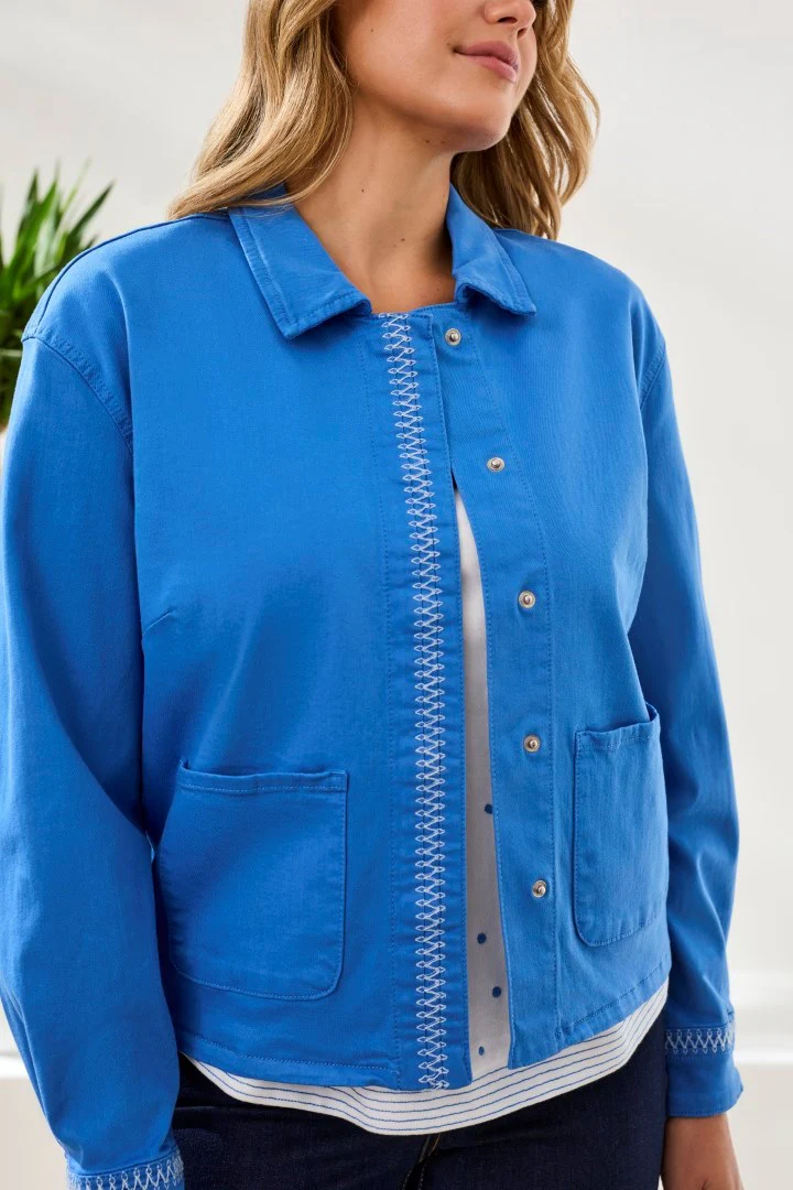 Hidden Snap Front Stretch Denim Jacket-Royal - Image 3