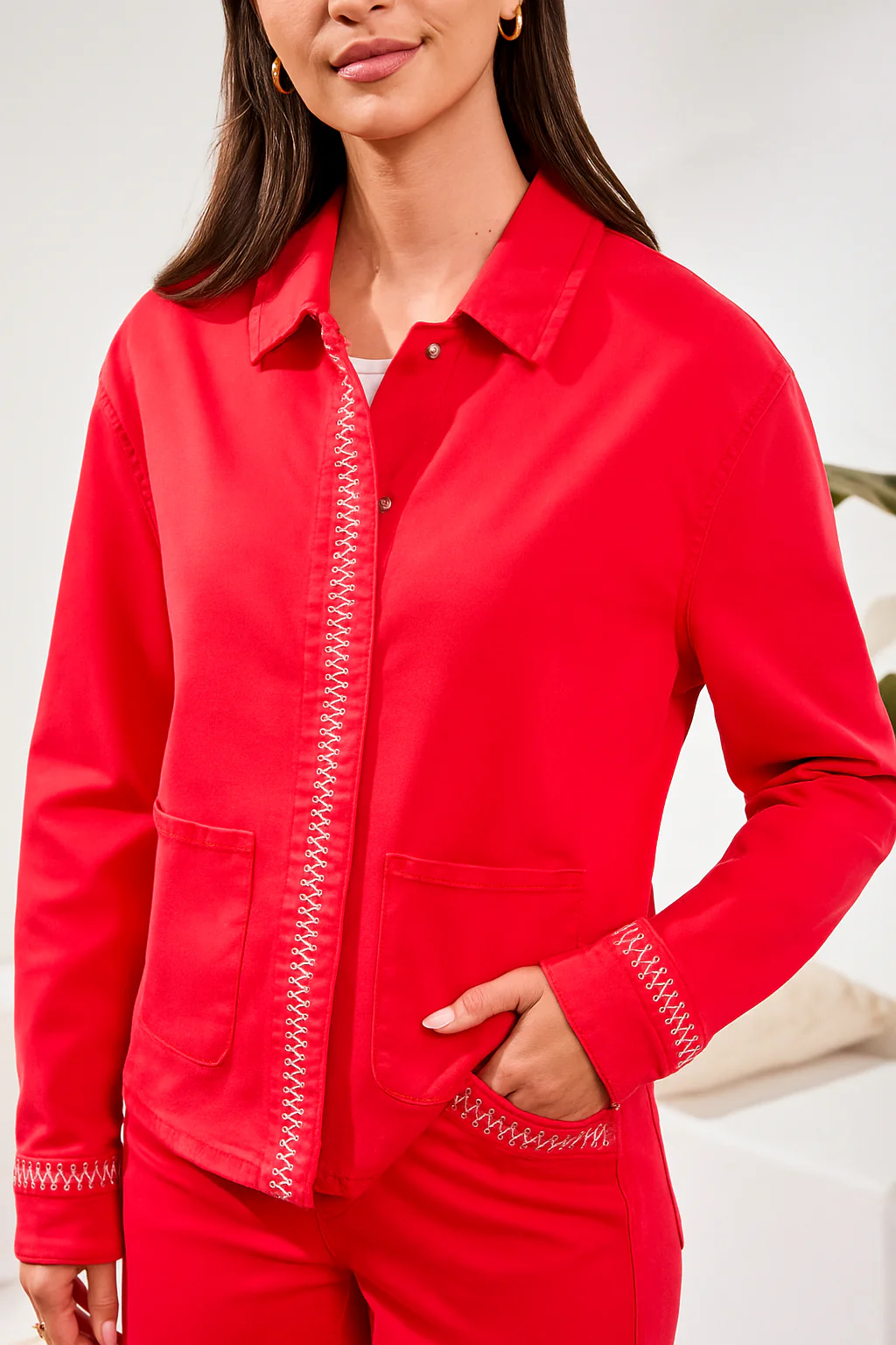 Hidden Snap Front Comfort Stretch Jacket-Sangria - Image 3