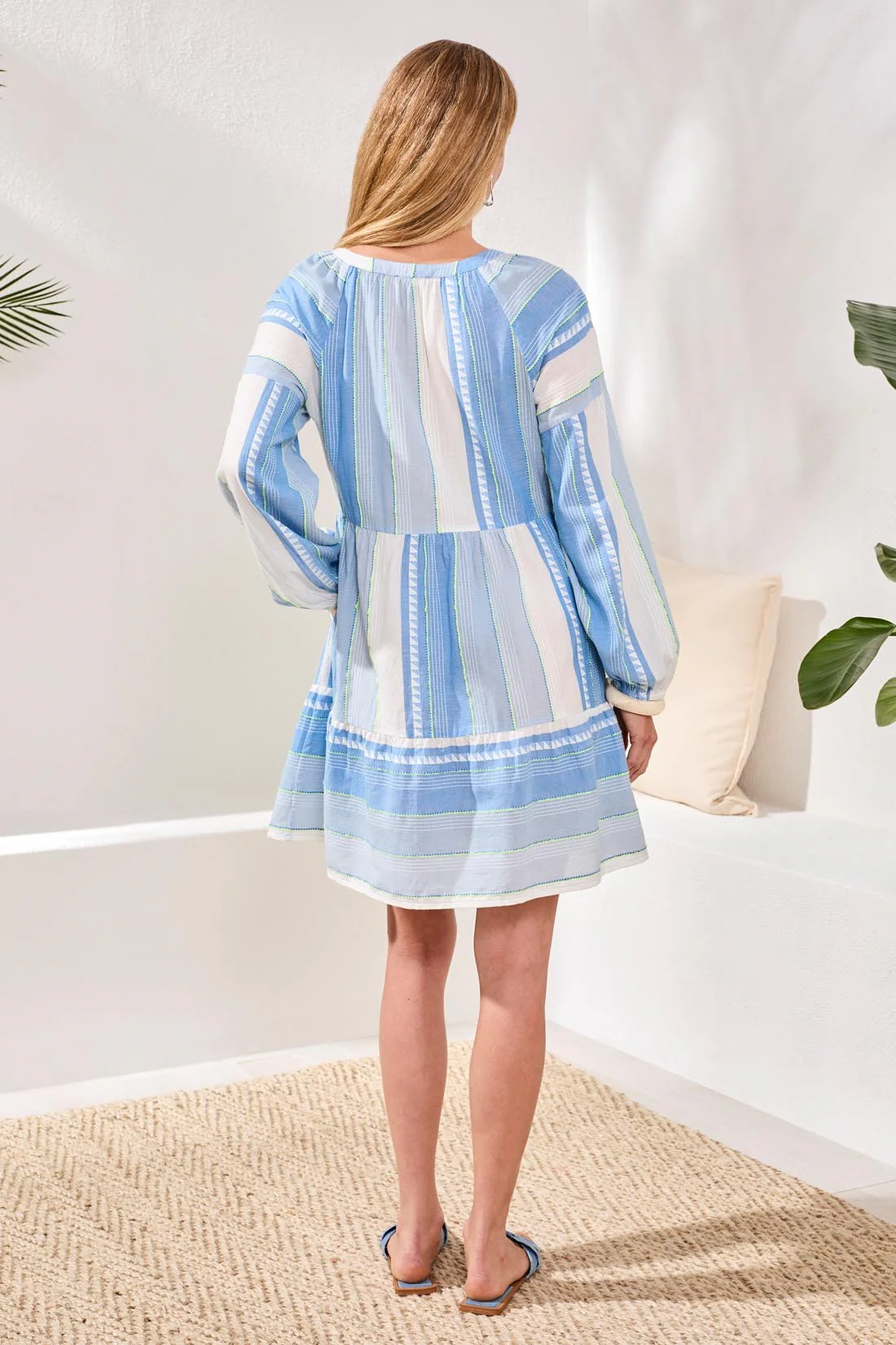 Jacquard Tiered Dress With Balloon Sleeves and Drawcord Neckline-Sky - Image 4