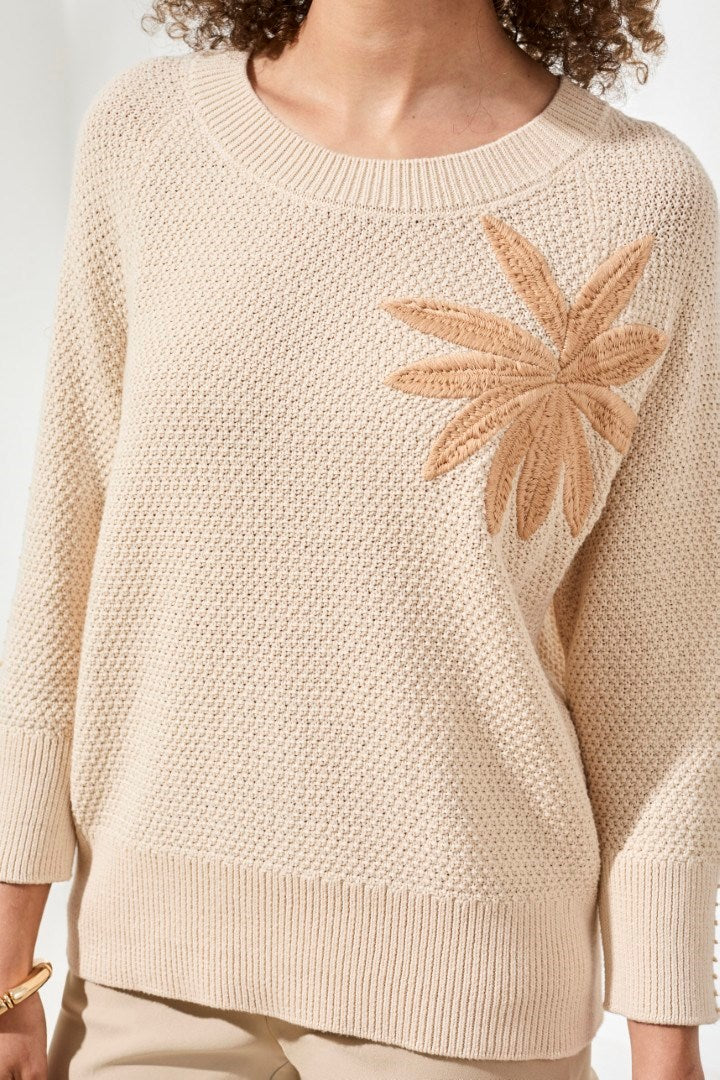 Jacquard Sunburst Crewneck 3/4 Sleeve Sweater-Canvas - Image 3