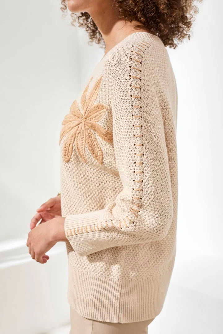 Jacquard Sunburst Crewneck 3/4 Sleeve Sweater-Canvas - Image 4