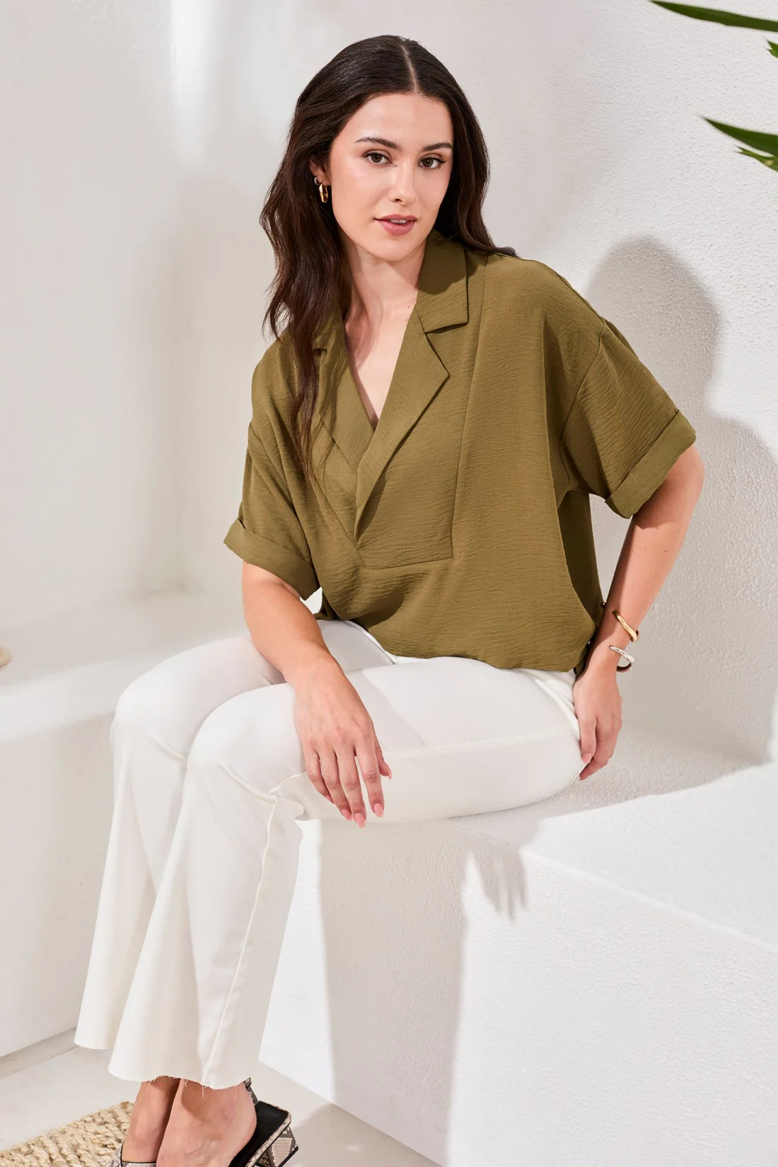 Airflow Draped Lapel Collar Blouse-Rainforest - Image 3