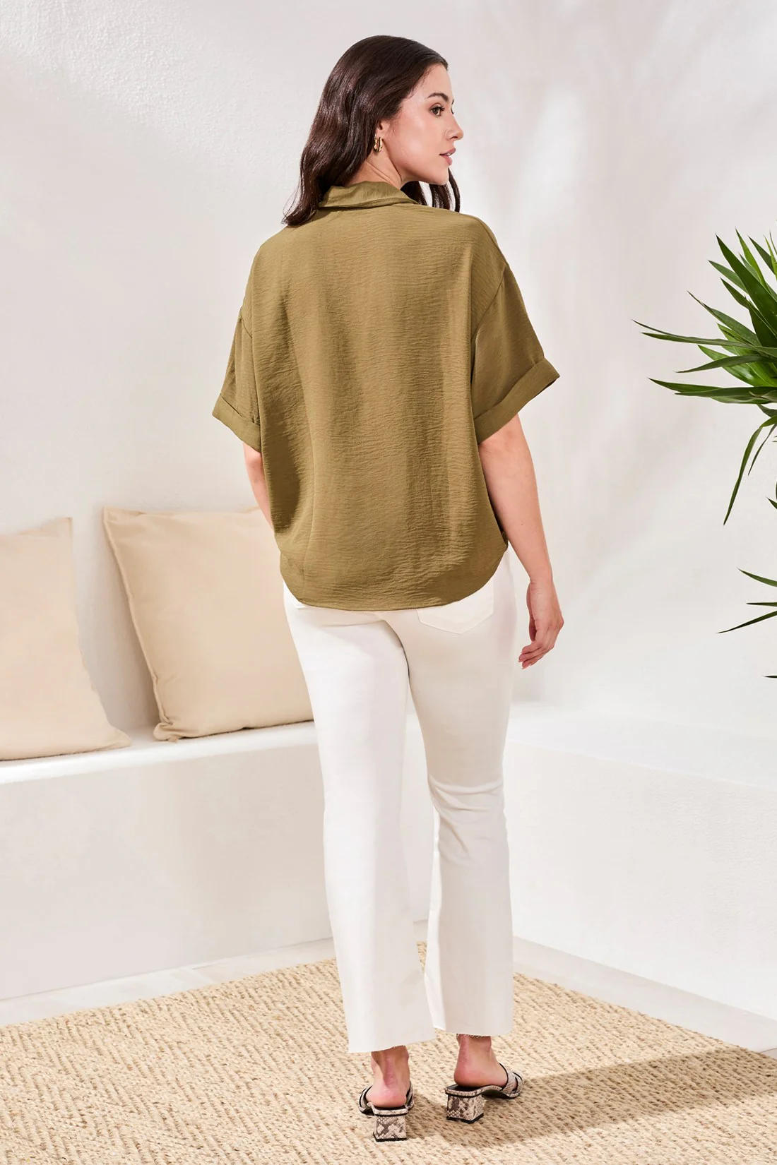 Airflow Draped Lapel Collar Blouse-Rainforest - Image 4