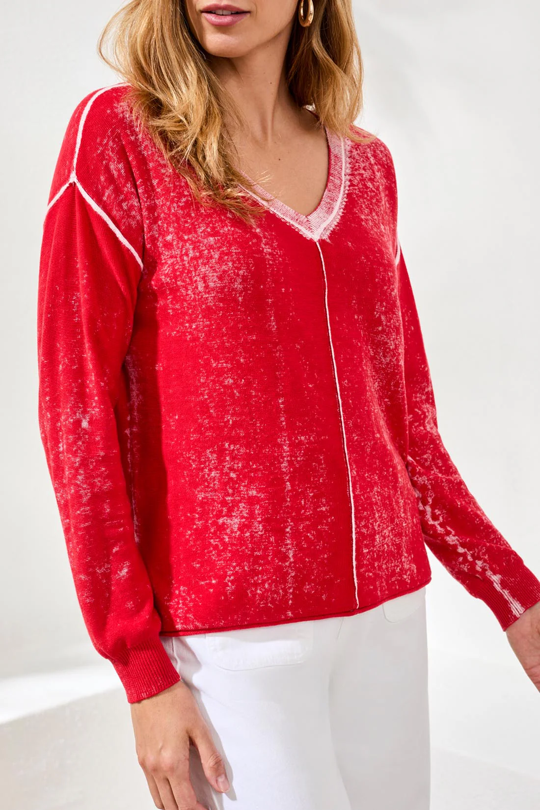 Lightweight Cotton V-Neck Sweater With Special Wash-Gardenia - Image 3