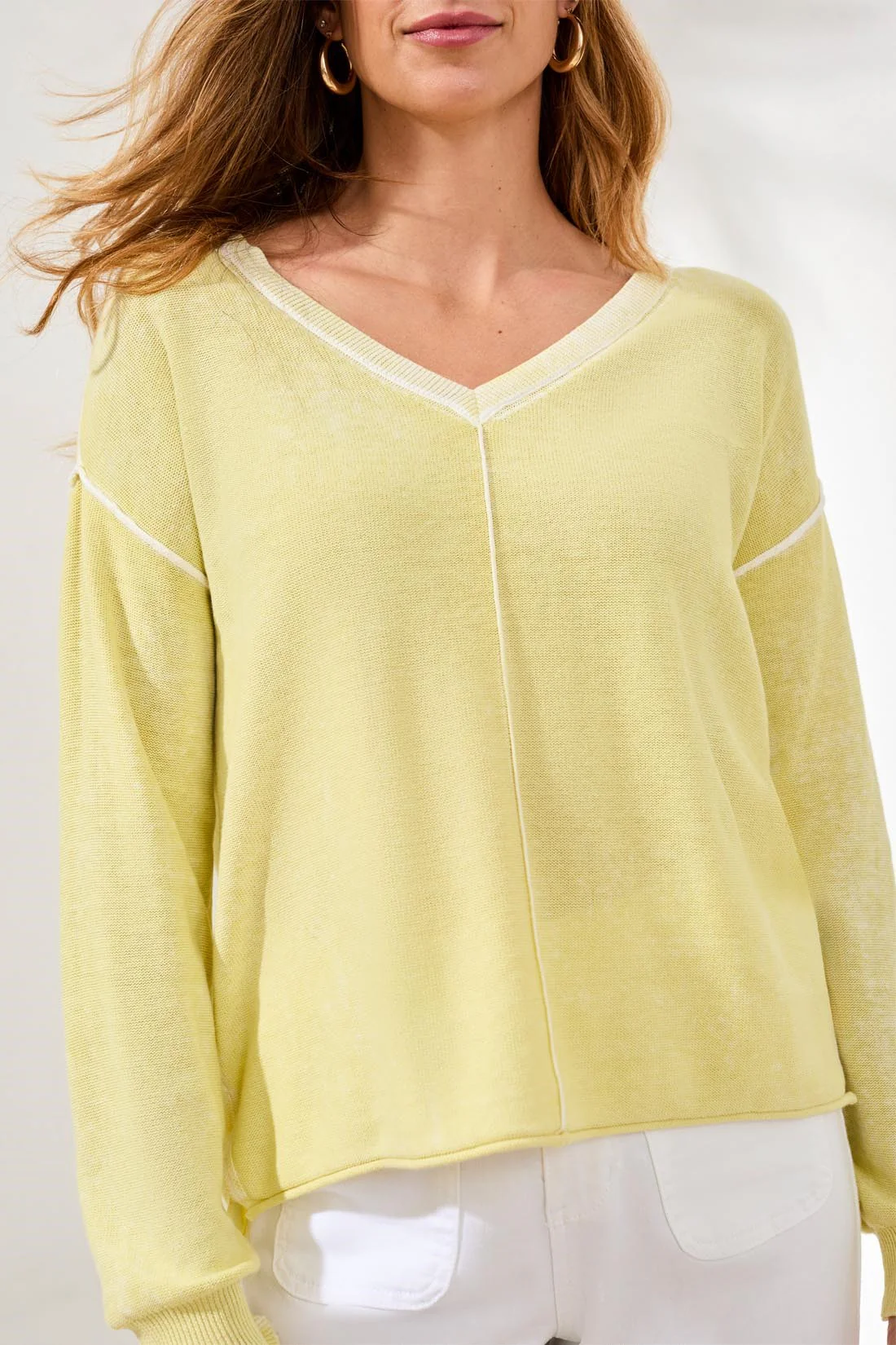 Lightweight Cotton V-Neck Sweater With Special Wash-Lemongrass - Image 3