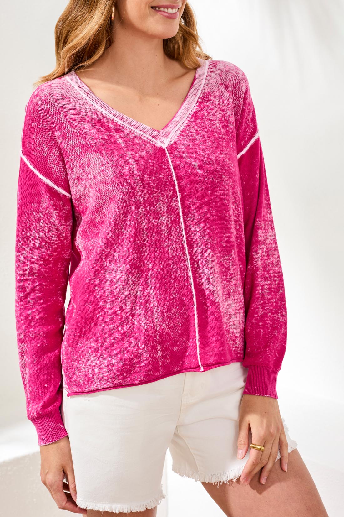 Lightweight Cotton V-Neck Sweater With Special Wash-Orchidglow - Image 2