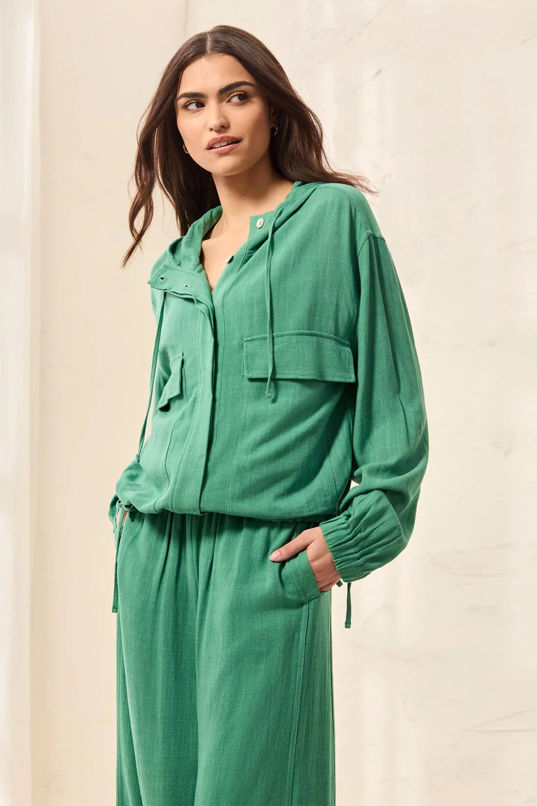 Lightweight Linen Button-Front Hooded Jacket-Grass - Image 2