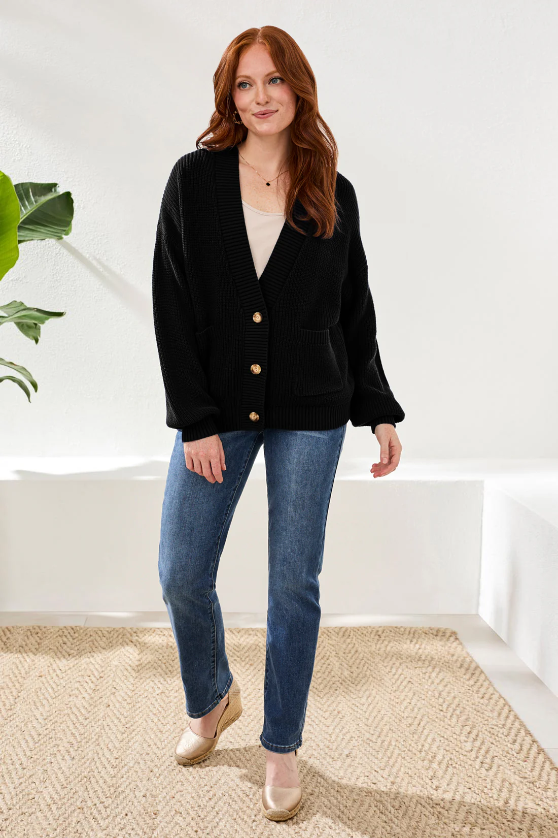 Long Sleeve Combed Cotton Cardigan-Black