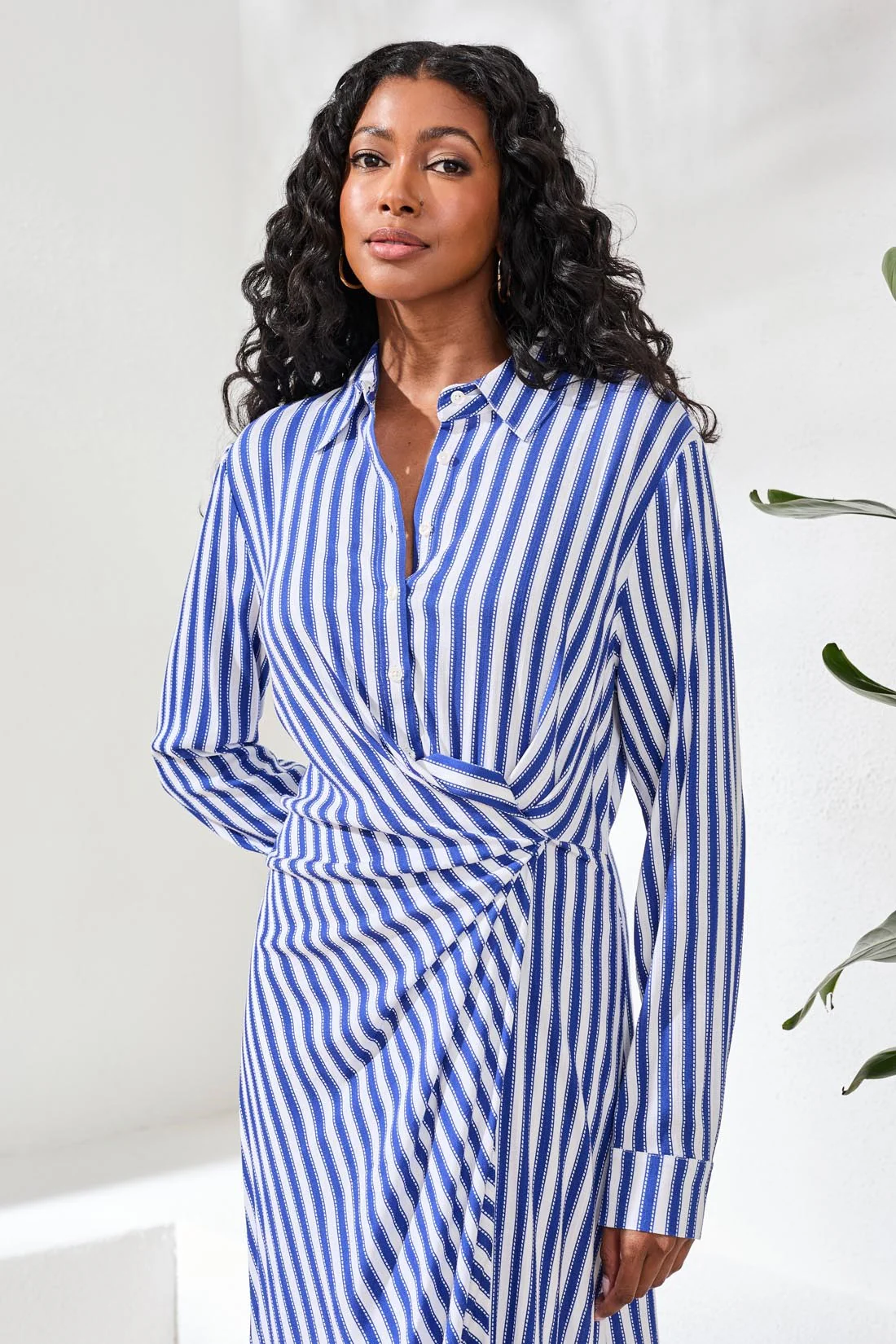 Striped Faux Wrap Knot Waist Midi Dress-White - Image 3