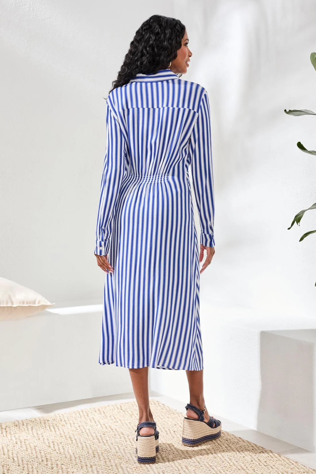 Striped Faux Wrap Knot Waist Midi Dress-White - Image 4