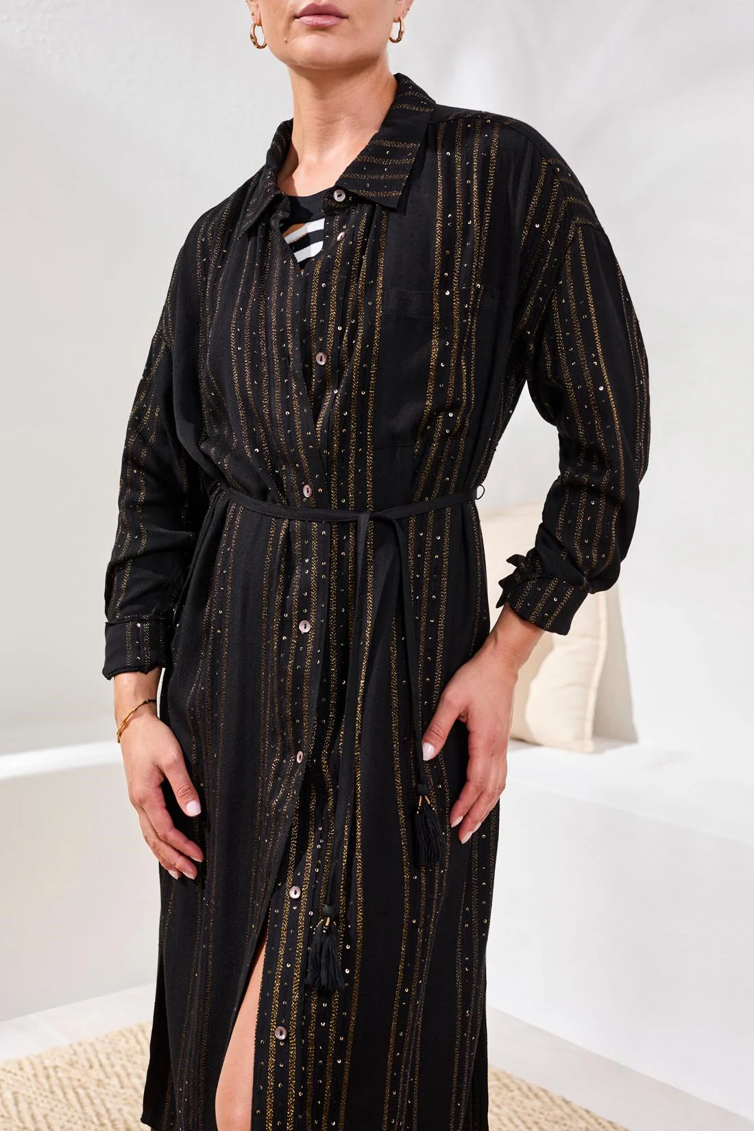 Lurex Jacquard Button-Front Cover-Up Dress With Roll-Up Sleeves-Black - Image 3