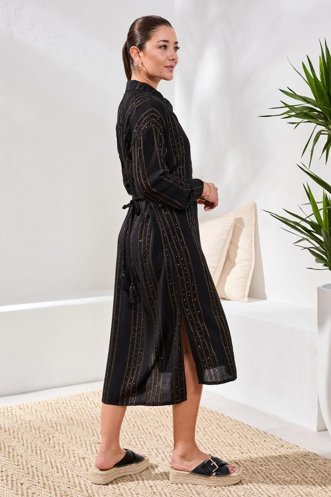 Lurex Jacquard Button-Front Cover-Up Dress With Roll-Up Sleeves-Black - Image 4