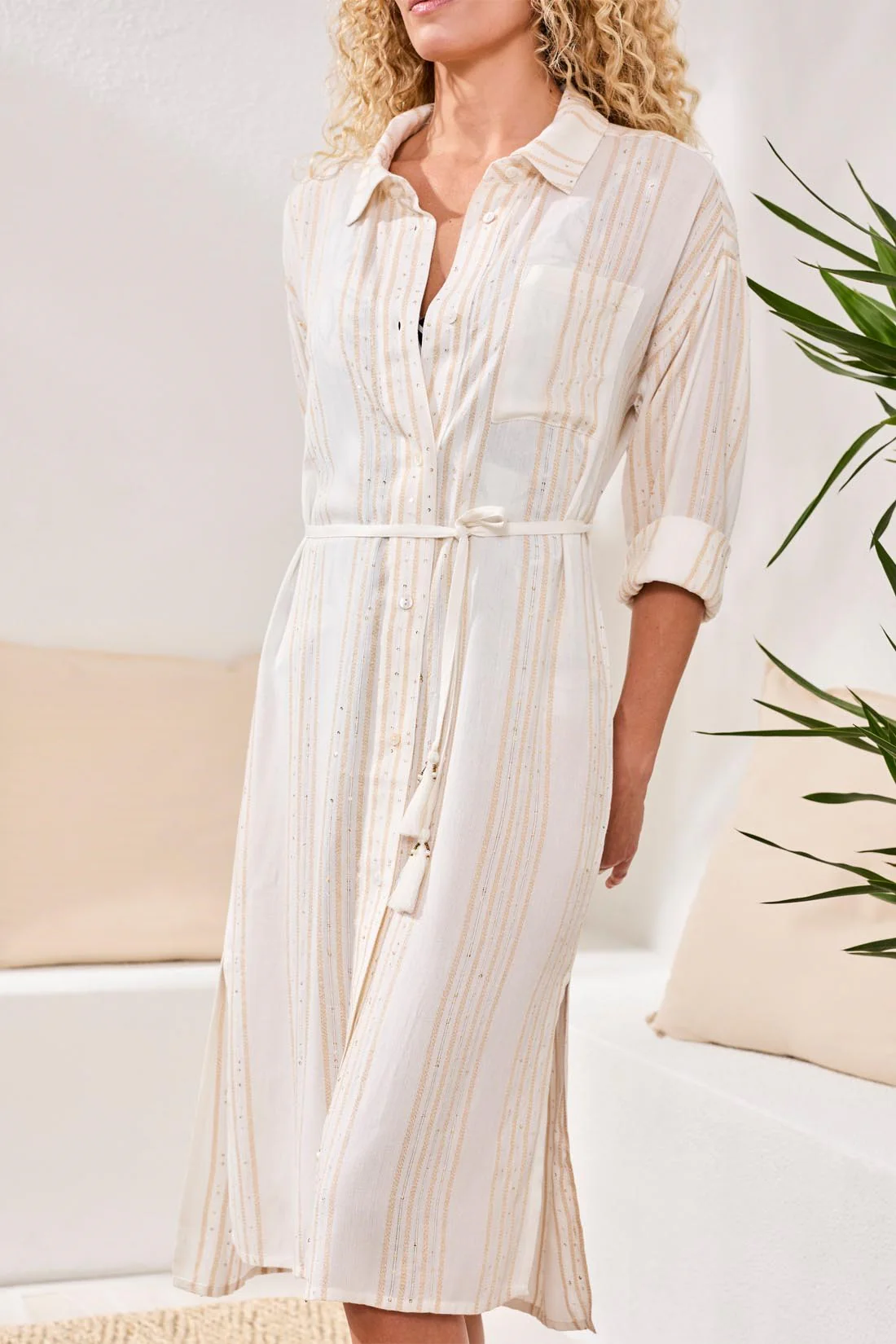 Lurex Jacquard Button-Front Cover-Up Dress With Roll-Up Sleeves-White - Image 3