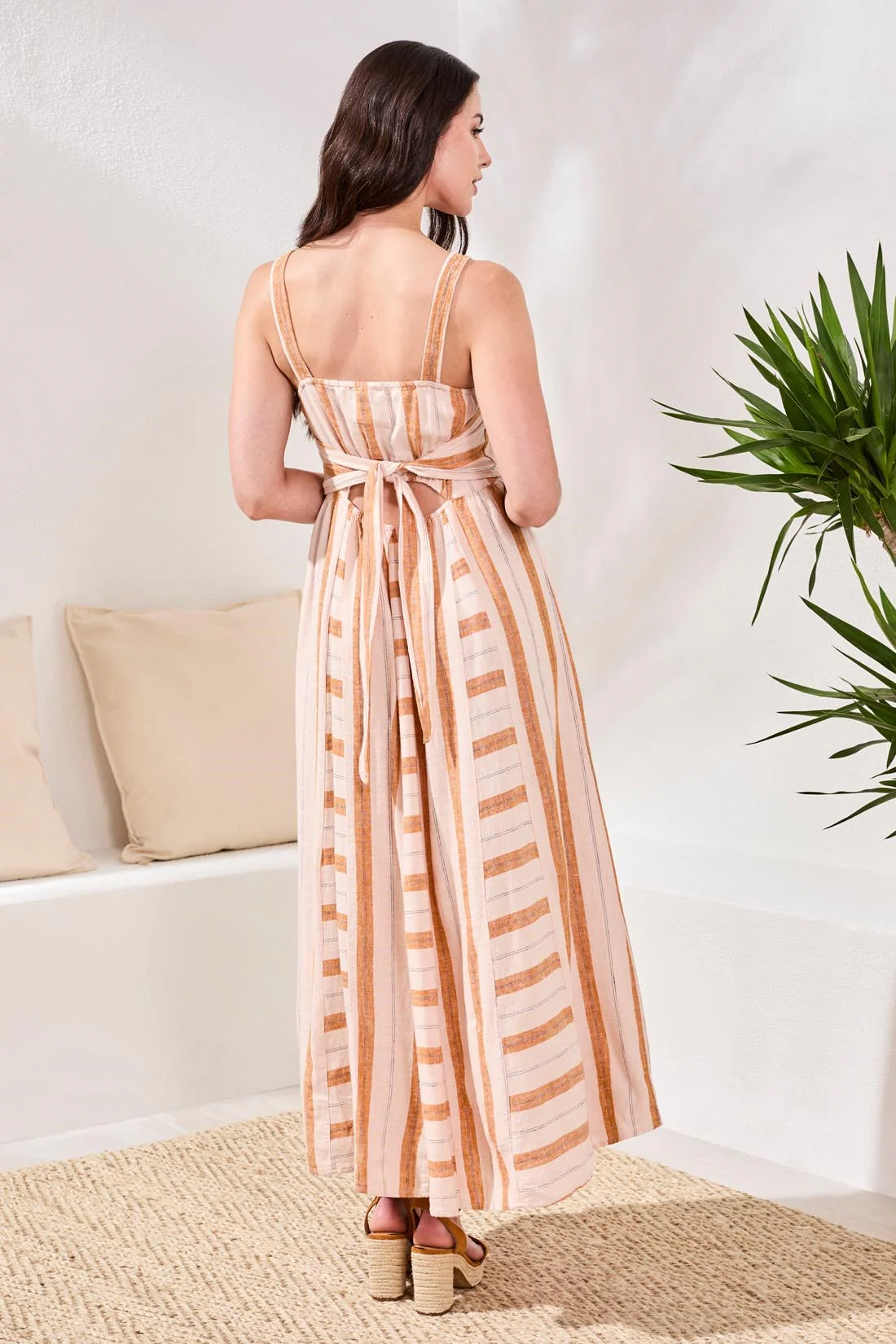 Linen Maxi Dress with Contrast Inserts & Adjustable Waist Sash-Saharabeige - Image 3
