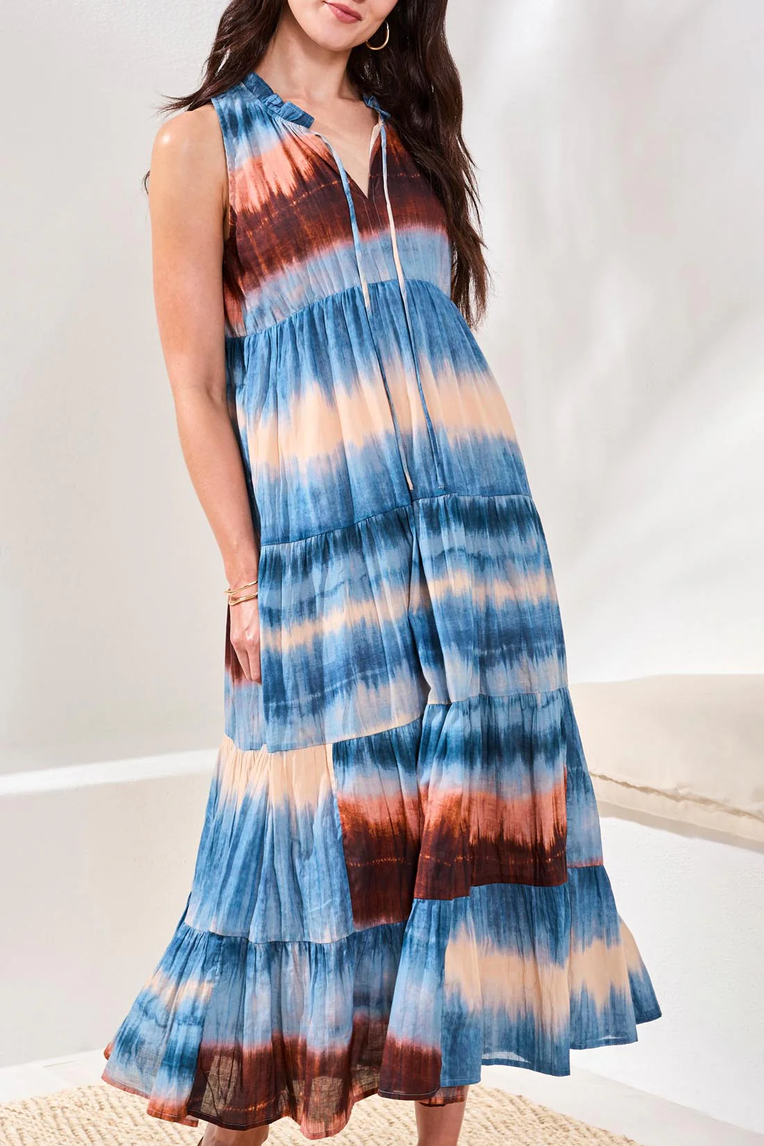 Ombré Printed Maxi Dress With Corded Neckline and Ruffle Hem-Sky - Image 2
