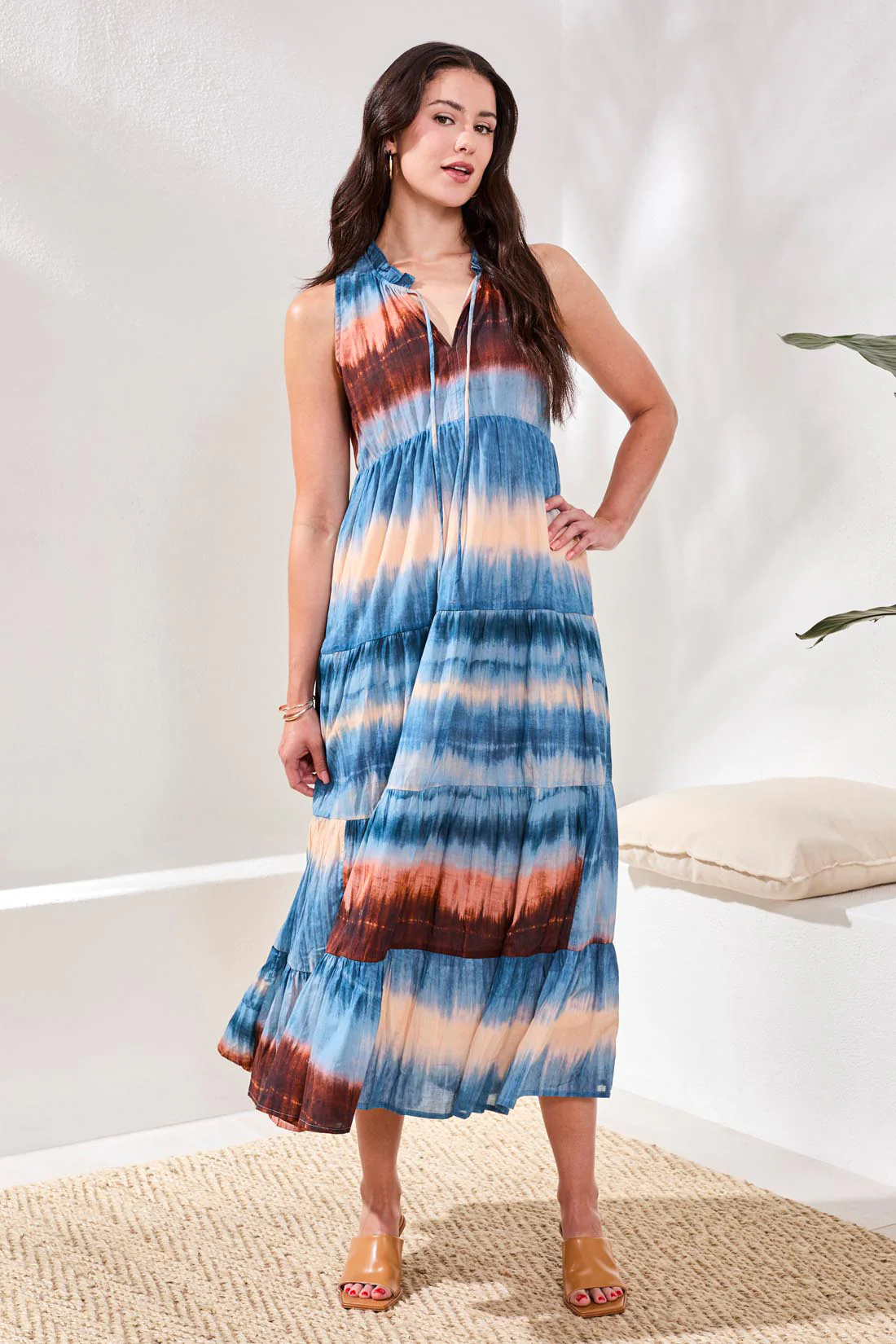 Ombré Printed Maxi Dress With Corded Neckline and Ruffle Hem-Sky - Image 4