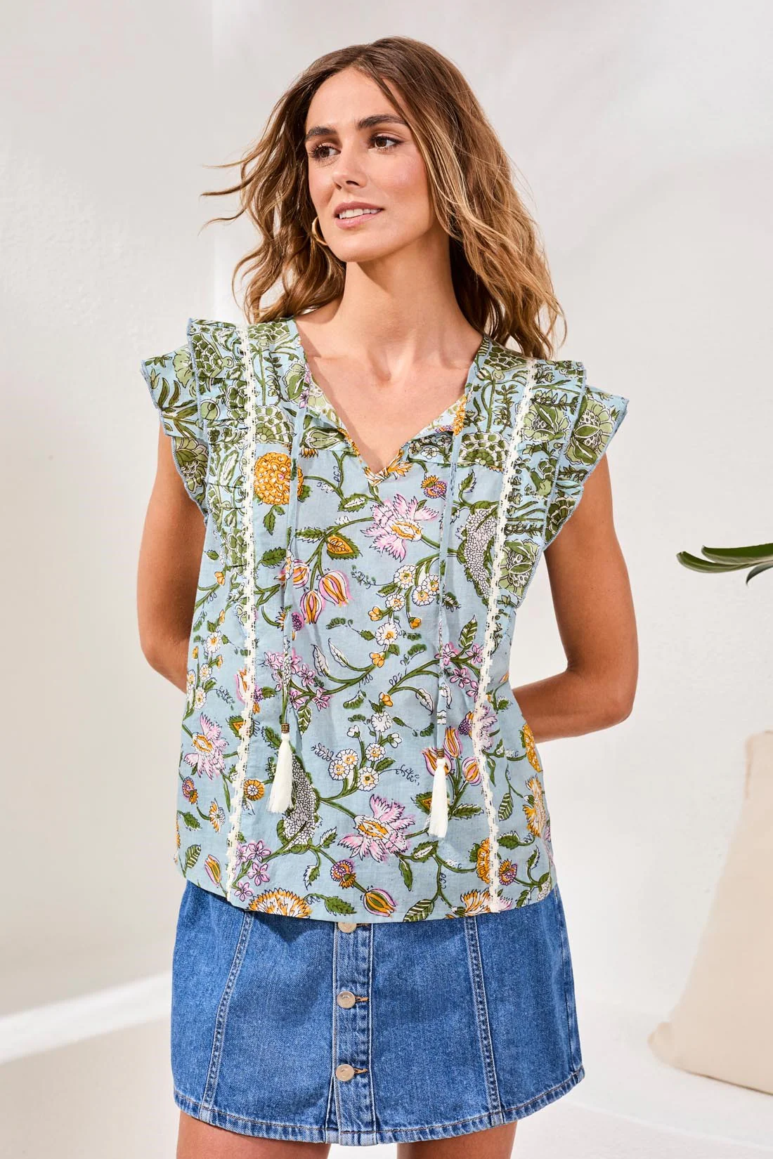 Poplin Novelty Blouse With Frill Cap Sleeves-Rainforest - Image 3